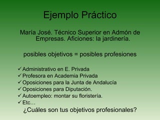 Ejemplo Práctico María José. Técnico Superior en Admón de Empresas. Aficiones: la jardinería. posibles objetivos = posibles profesiones Administrativo en E. Privada Profesora en Academia Privada Oposiciones para la Junta de Andalucía Oposiciones para Diputación. Autoempleo: montar su floristería. Etc… ¿Cuáles son tus objetivos profesionales? 