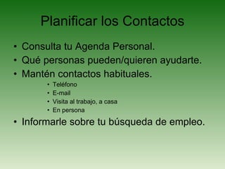 Planificar los Contactos Consulta tu Agenda Personal. Qué personas pueden/quieren ayudarte. Mantén contactos habituales. Teléfono E-mail Visita al trabajo, a casa En persona Informarle sobre tu búsqueda de empleo. 