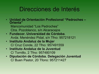 Direcciones de Interés Unidad de Orientación Profesional “Pedroches – Orienta” Mancomunidad “Los Pedroches” Ctra. Pozoblanco, s/n Alcaracejos Fundecor. Universidad de Córdoba . Avda. Menéndez Pidal, s/n Tfno: 957218121 Instituto Andaluz de la Mujer C/ Cruz Conde, 22 Tfno: 957491559 Instituto Andaluz de la Juventud C/ Tornillo, 2 Tfno: 957480109 Diputación de Córdoba. Delegación Juventud C/ Buen Pastor, 20 Tfono: 957211427 
