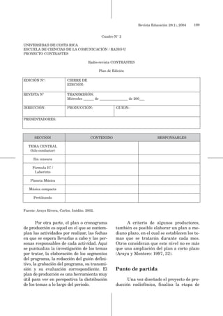 Revista Educación 28(1), 2004   199


                                                Cuadro N° 2

UNIVERSIDAD DE COSTA RICA
ESCUELA DE CIENCIAS DE LA COMUNICACIÓN / RADIO U
PROYECTO CONTRASTES

                                        Radio-revista CONTRASTES

                                               Plan de Edición

EDICIÓN N°:                CIERRE DE
                           EDICIÓN:

REVISTA N°                 TRANSMISIÓN:
                           Miércoles    de                       de 200

DIRECCIÓN:                 PRODUCCIÓN:                   GUION:


PRESENTADORES:




      SECCIÓN                            CONTENIDO                               RESPONSABLES

   TEMA CENTRAL
    (hilo conductor)

      Sin censura

     Fórmula IC /
      Laberinto

    Planeta Música

   Música compacta

      Pretileando


Fuente: Araya Rivera, Carlos. Inédito. 2002.


       Por otra parte, el plan o cronograma                   A criterio de algunos productores,
de producción es aquel en el que se contem-              también es posible elaborar un plan a me-
plan las actividades por realizar, las fechas            diano plazo, en el cual se establecen los te-
en que se espera llevarlas a cabo y las per-             mas que se tratarán durante cada mes.
sonas responsables de cada actividad. Aquí               Otros consideran que este nivel no es más
se puntualiza la investigación de los temas              que una ampliación del plan a corto plazo
por tratar, la elaboración de los segmentos              (Araya y Montero: 1997, 32).
del programa, la redacción del guión defini-
tivo, la grabación del programa, su transmi-
sión y su evaluación correspondiente. El                 Punto de partida
plan de producción es una herramienta muy
útil para ver en perspectiva la distribución                   Una vez diseñado el proyecto de pro-
de los temas a lo largo del periodo.                     ducción radiofónica, finaliza la etapa de
 