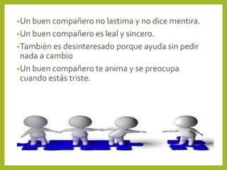 •Un buen compañero no lastima y no dice mentira.
•Un buen compañero es leal y sincero.
•También es desinteresado porque ayuda sin pedir
nada a cambio
•Un buen compañero te anima y se preocupa
cuando estás triste.
 