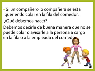 • Si un compañero o compañera se esta
queriendo colar en la fila del comedor.
¿Qué debemos hacer?
Debemos decirle de buena manera que no se
puede colar o avisarle a la persona a cargo
en la fila o a la empleada del comedor.
 