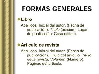 FORMAS GENERALES
Libro
Apellidos, Inicial del autor. (Fecha de
   publicación). Título (edición). Lugar
   de publicación: Casa editora.

Artículo de revista
Apellidos, Inicial del autor. (Fecha de
   publicación). Título del artículo. Título
   de la revista, Volumen (Número),
   Páginas del artículo.
 