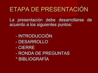 ETAPA DE PRESENTACIÓNETAPA DE PRESENTACIÓN
La presentación debe desarrollarse deLa presentación debe desarrollarse de
acuerdo a los siguientes puntos:acuerdo a los siguientes puntos:
- INTRODUCCIÓN- INTRODUCCIÓN
- DESARROLLO- DESARROLLO
- CIERRE- CIERRE
- RONDA DE PREGUNTAS- RONDA DE PREGUNTAS
* BIBLIOGRAFÍA* BIBLIOGRAFÍA
 