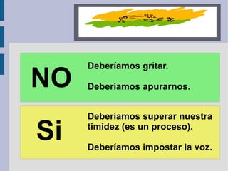 NO Deberíamos gritar. Deberíamos apurarnos. Deberíamos superar nuestra timidez (es un proceso). Deberíamos impostar la voz. Si 