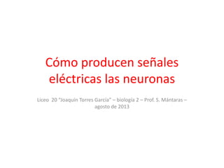 Cómo producen señales
eléctricas las neuronas
Liceo 20 “Joaquín Torres García” – biología 2 – Prof. S. Mántaras –
agosto de 2013
 