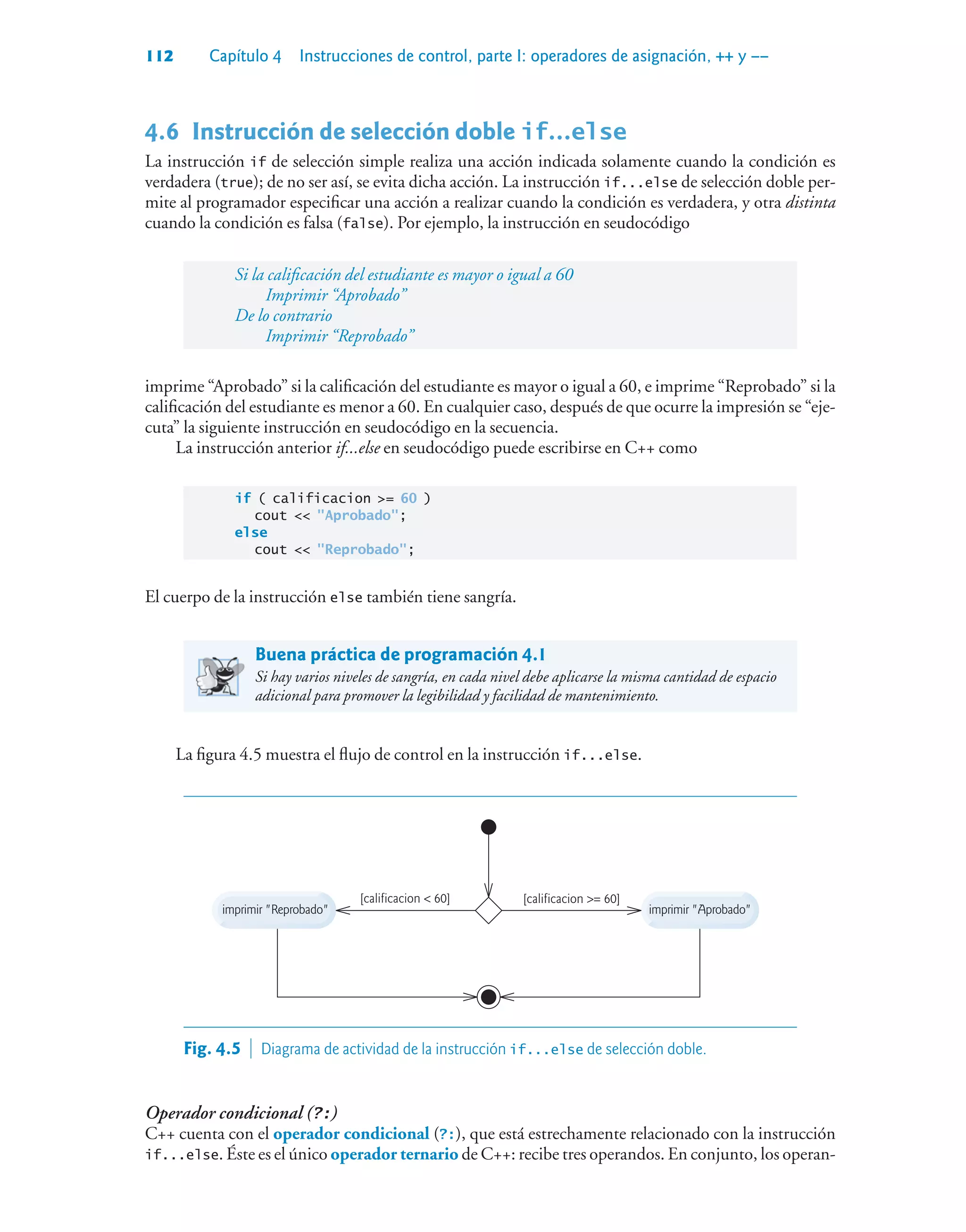 112 Capítulo 4 Instrucciones de control, parte I: operadores de asignación, ++ y ––
4.6Instrucción de selección doble if…else
La instrucción if de selección simple realiza una acción indicada solamente cuando la condición es
verdadera (true); de no ser así, se evita dicha acción. La instrucción if...else de selección doble per-
mite al programador especificar una acción a realizar cuando la condición es verdadera, y otra distinta
cuando la condición es falsa (false). Por ejemplo, la instrucción en seudocódigo
Si la calificación del estudiante es mayor o igual a 60
Imprimir “Aprobado”
De lo contrario
Imprimir “Reprobado”
imprime “Aprobado” si la calificación del estudiante es mayor o igual a 60, e imprime “Reprobado” si la
calificación del estudiante es menor a 60. En cualquier caso, después de que ocurre la impresión se “eje-
cuta” la siguiente instrucción en seudocódigo en la secuencia.
La instrucción anterior if...else en seudocódigo puede escribirse en C++ como
if ( calificacion = 60 )
cout  Aprobado;
else
cout  Reprobado;
El cuerpo de la instrucción else también tiene sangría.
Buena práctica de programación 4.1
Si hay varios niveles de sangría, en cada nivel debe aplicarse la misma cantidad de espacio
adicional para promover la legibilidad y facilidad de mantenimiento.
La figura 4.5 muestra el flujo de control en la instrucción if...else.
imprimir Aprobado
imprimir Reprobado
[calificacion = 60]
[calificacion  60]
Fig. 4.5  Diagrama de actividad de la instrucción if...else de selección doble.
Operador condicional (?:)
C++ cuenta con el operador condicional (?:), que está estrechamente relacionado con la instrucción
if...else. Éste es el único operador ternario de C++: recibe tres operandos. En conjunto, los operan-
 