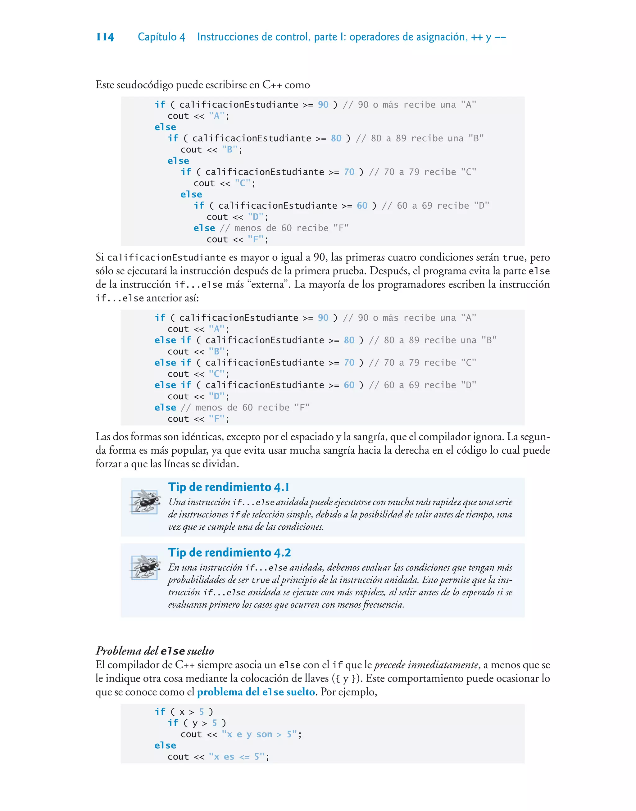 114 Capítulo 4 Instrucciones de control, parte I: operadores de asignación, ++ y ––
Este seudocódigo puede escribirse en C++ como
if ( calificacionEstudiante = 90 ) // 90 o más recibe una A
cout  A;
else
if ( calificacionEstudiante = 80 ) // 80 a 89 recibe una B
cout  B;
else
if ( calificacionEstudiante = 70 ) // 70 a 79 recibe C
cout  C;
else
if ( calificacionEstudiante = 60 ) // 60 a 69 recibe D
cout  D;
else // menos de 60 recibe F
cout  F;
Si calificacionEstudiante es mayor o igual a 90, las primeras cuatro condiciones serán true, pero
sólo se ejecutará la instrucción después de la primera prueba. Después, el programa evita la parte else
de la instrucción if...else más “externa”. La mayoría de los programadores escriben la instrucción
if...else anterior así:
if ( calificacionEstudiante = 90 ) // 90 o más recibe una A
cout  A;
else if ( calificacionEstudiante = 80 ) // 80 a 89 recibe una B
cout  B;
else if ( calificacionEstudiante = 70 ) // 70 a 79 recibe C
cout  C;
else if ( calificacionEstudiante = 60 ) // 60 a 69 recibe D
cout  D;
else // menos de 60 recibe F
cout  F;
Las dos formas son idénticas, excepto por el espaciado y la sangría, que el compilador ignora. La segun-
da forma es más popular, ya que evita usar mucha sangría hacia la derecha en el código lo cual puede
forzar a que las líneas se dividan.
Tip de rendimiento 4.1
Unainstrucciónif...else anidadapuedeejecutarseconmuchamásrapidezqueunaserie
de instrucciones if de selección simple, debido a la posibilidad de salir antes de tiempo, una
vez que se cumple una de las condiciones.
Tip de rendimiento 4.2
En una instrucción if...else anidada, debemos evaluar las condiciones que tengan más
probabilidades de ser true al principio de la instrucción anidada. Esto permite que la ins-
trucción if...else anidada se ejecute con más rapidez, al salir antes de lo esperado si se
evaluaran primero los casos que ocurren con menos frecuencia.
Problema del else suelto
El compilador de C++ siempre asocia un else con el if que le precede inmediatamente, a menos que se
le indique otra cosa mediante la colocación de llaves ({ y }). Este comportamiento puede ocasionar lo
que se conoce como el problema del else suelto. Por ejemplo,
if ( x  5 )
if ( y  5 )
cout  x e y son  5;
else
cout  x es = 5;
 