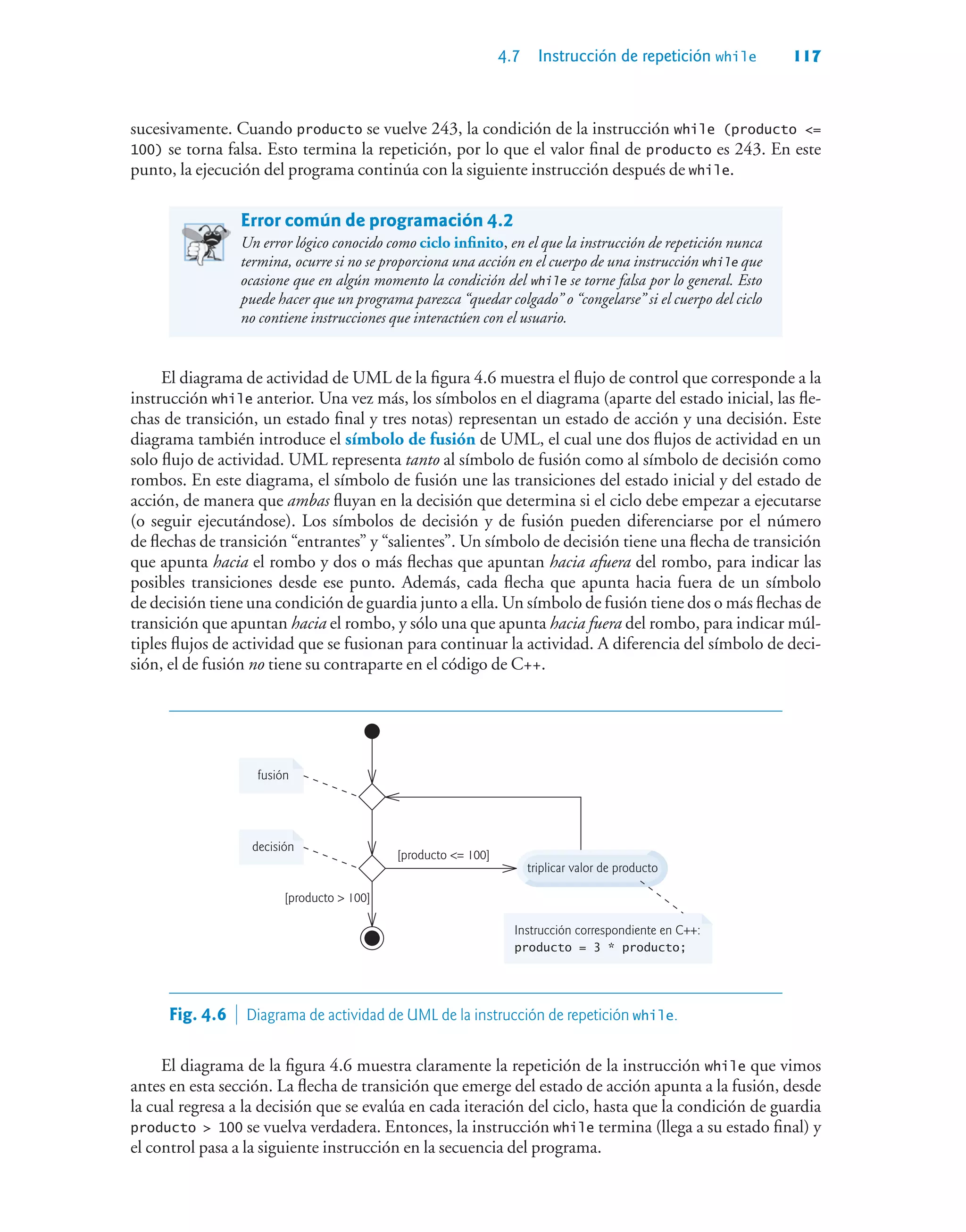 4.7 Instrucción de repetición while 117
sucesivamente. Cuando producto se vuelve 243, la condición de la instrucción while (producto =
100) se torna falsa. Esto termina la repetición, por lo que el valor final de producto es 243. En este
punto, la ejecución del programa continúa con la siguiente instrucción después de while.
Error común de programación 4.2
Un error lógico conocido como ciclo infinito, en el que la instrucción de repetición nunca
termina, ocurre si no se proporciona una acción en el cuerpo de una instrucción while que
ocasione que en algún momento la condición del while se torne falsa por lo general. Esto
puede hacer que un programa parezca “quedar colgado” o “congelarse” si el cuerpo del ciclo
no contiene instrucciones que interactúen con el usuario.
El diagrama de actividad de UML de la figura 4.6 muestra el flujo de control que corresponde a la
instrucción while anterior. Una vez más, los símbolos en el diagrama (aparte del estado inicial, las fle-
chas de transición, un estado final y tres notas) representan un estado de acción y una decisión. Este
diagrama también introduce el símbolo de fusión de UML, el cual une dos flujos de actividad en un
solo flujo de actividad. UML representa tanto al símbolo de fusión como al símbolo de decisión como
rombos. En este diagrama, el símbolo de fusión une las transiciones del estado inicial y del estado de
acción, de manera que ambas fluyan en la decisión que determina si el ciclo debe empezar a ejecutarse
(o seguir ejecutándose). Los símbolos de decisión y de fusión pueden diferenciarse por el número
de flechas de transición “entrantes” y “salientes”. Un símbolo de decisión tiene una flecha de transición
que apunta hacia el rombo y dos o más flechas que apuntan hacia afuera del rombo, para indicar las
posibles transiciones desde ese punto. Además, cada flecha que apunta hacia fuera de un símbolo
de decisión tiene una condición de guardia junto a ella. Un símbolo de fusión tiene dos o más flechas de
transición que apuntan hacia el rombo, y sólo una que apunta hacia fuera del rombo, para indicar múl-
tiples flujos de actividad que se fusionan para continuar la actividad. A diferencia del símbolo de deci-
sión, el de fusión no tiene su contraparte en el código de C++.
triplicar valor de producto
Instrucción correspondiente en C++:
producto = 3 * producto;
decisión
[producto = 100]
[producto  100]
fusión
Fig. 4.6  Diagrama de actividad de UML de la instrucción de repetición while.
El diagrama de la figura 4.6 muestra claramente la repetición de la instrucción while que vimos
antes en esta sección. La flecha de transición que emerge del estado de acción apunta a la fusión, desde
la cual regresa a la decisión que se evalúa en cada iteración del ciclo, hasta que la condición de guardia
producto  100 se vuelva verdadera. Entonces, la instrucción while termina (llega a su estado final) y
el control pasa a la siguiente instrucción en la secuencia del programa.
 