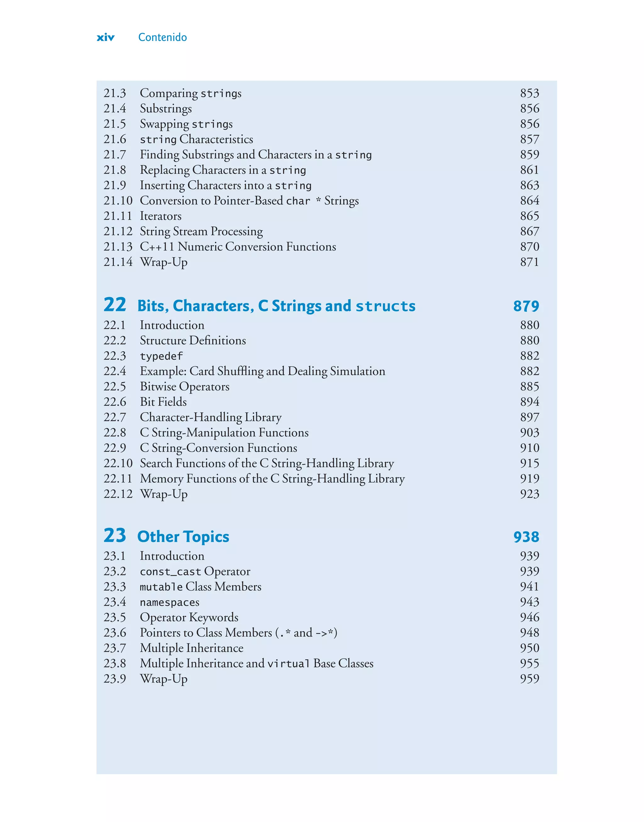 xiv Contenido
21.3 Comparing strings 853
21.4 Substrings 856
21.5 Swapping strings 856
21.6 string Characteristics 857
21.7 Finding Substrings and Characters in a string 859
21.8 Replacing Characters in a string 861
21.9 Inserting Characters into a string 863
21.10 Conversion to Pointer-Based char * Strings 864
21.11 Iterators 865
21.12 String Stream Processing 867
21.13 C++11 Numeric Conversion Functions 870
21.14 Wrap-Up 871
22 Bits, Characters, C Strings and structs 879
22.1 Introduction 880
22.2 Structure Definitions 880
22.3 typedef 882
22.4 Example: Card Shuffling and Dealing Simulation 882
22.5 Bitwise Operators 885
22.6 Bit Fields 894
22.7 Character-Handling Library 897
22.8 C String-Manipulation Functions 903
22.9 C String-Conversion Functions 910
22.10 Search Functions of the C String-Handling Library 915
22.11 Memory Functions of the C String-Handling Library 919
22.12 Wrap-Up 923
23 Other Topics 938
23.1 Introduction 939
23.2 const_cast Operator 939
23.3 mutable Class Members 941
23.4 namespaces 943
23.5 Operator Keywords 946
23.6 Pointers to Class Members (.* and -*) 948
23.7 Multiple Inheritance 950
23.8 Multiple Inheritance and virtual Base Classes 955
23.9 Wrap-Up 959
 