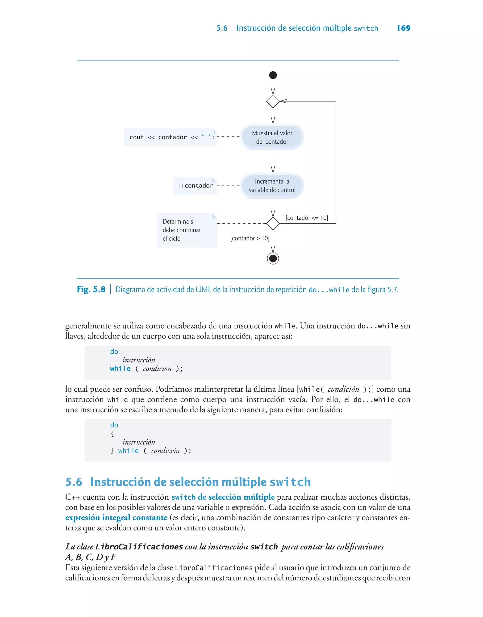5.6 Instrucción de selección múltiple switch 169
Determina si
debe continuar
el ciclo [contador  10]
[contador = 10]
++contador
Muestra el valor
del contador
Incrementa la
variable de control
cout  contador   ;
Fig. 5.8  Diagrama de actividad de UML de la instrucción de repetición do...while de la figura 5.7.
generalmente se utiliza como encabezado de una instrucción while. Una instrucción do...while sin
llaves, alrededor de un cuerpo con una sola instrucción, aparece así:
do
instrucción
while ( condición );
lo cual puede ser confuso. Podríamos malinterpretar la última línea [while( condición );] como una
instrucción while que contiene como cuerpo una instrucción vacía. Por ello, el do...while con
una instrucción se escribe a menudo de la siguiente manera, para evitar confusión:
do
{
instrucción
} while ( condición );
5.6 Instrucción de selección múltiple switch
C++ cuenta con la instrucción switch de selección múltiple para realizar muchas acciones distintas,
con base en los posibles valores de una variable o expresión. Cada acción se asocia con un valor de una
expresión integral constante (es decir, una combinación de constantes tipo carácter y constantes en-
teras que se evalúan como un valor entero constante).
La clase LibroCalificaciones con la instrucción switch para contar las calificaciones
A, B, C, D y F
Esta siguiente versión de la clase LibroCalificaciones pide al usuario que introduzca un conjunto de
calificacionesenformadeletrasydespuésmuestraunresumendelnúmerodeestudiantesquerecibieron
 