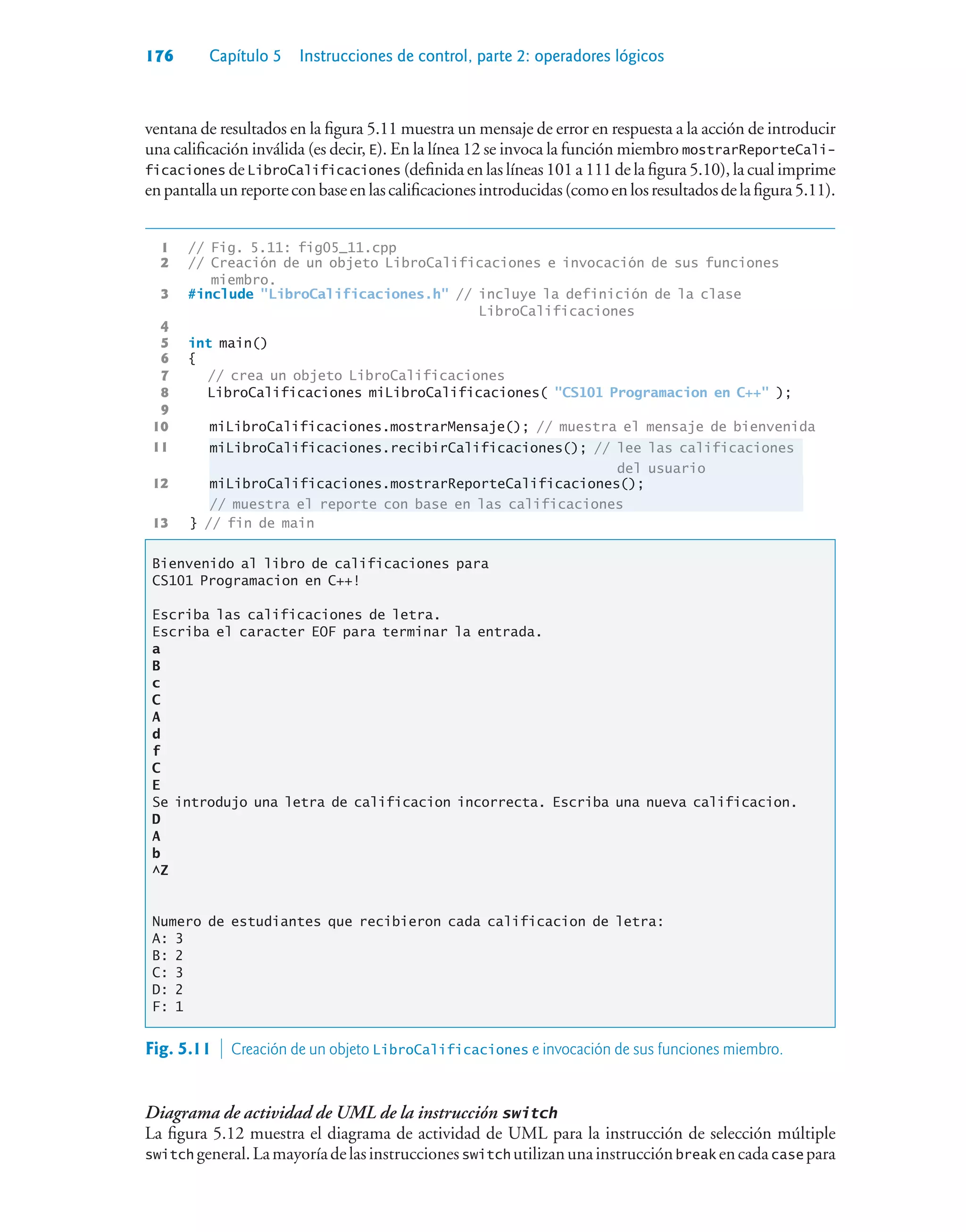 176 Capítulo 5 Instrucciones de control, parte 2: operadores lógicos
ventana de resultados en la figura 5.11 muestra un mensaje de error en respuesta a la acción de introducir
una calificación inválida (es decir, E). En la línea 12 se invoca la función miembro mostrarReporteCali-
ficaciones de LibroCalificaciones (definida en las líneas 101 a 111 de la figura 5.10), la cual imprime
enpantallaunreporteconbaseenlascalificacionesintroducidas(comoenlosresultadosdelafigura5.11).
1 // Fig. 5.11: fig05_11.cpp
2 // Creación de un objeto LibroCalificaciones e invocación de sus funciones
miembro.
3 #include LibroCalificaciones.h // incluye la definición de la clase
LibroCalificaciones
4
5 int main()
6 {
7 // crea un objeto LibroCalificaciones
8 LibroCalificaciones miLibroCalificaciones( CS101 Programacion en C++ );
9
10 miLibroCalificaciones.mostrarMensaje(); // muestra el mensaje de bienvenida
11 miLibroCalificaciones.recibirCalificaciones(); // lee las calificaciones
del usuario
12 miLibroCalificaciones.mostrarReporteCalificaciones();
// muestra el reporte con base en las calificaciones
13 } // fin de main
Bienvenido al libro de calificaciones para
CS101 Programacion en C++!
Escriba las calificaciones de letra.
Escriba el caracter EOF para terminar la entrada.
a
B
c
C
A
d
f
C
E
Se introdujo una letra de calificacion incorrecta. Escriba una nueva calificacion.
D
A
b
^Z
Numero de estudiantes que recibieron cada calificacion de letra:
A: 3
B: 2
C: 3
D: 2
F: 1
Fig. 5.11  Creación de un objeto LibroCalificaciones e invocación de sus funciones miembro.
Diagrama de actividad de UML de la instrucción switch
La figura 5.12 muestra el diagrama de actividad de UML para la instrucción de selección múltiple
switch general.Lamayoríadelasinstruccionesswitch utilizanunainstrucciónbreak encadacase para
 