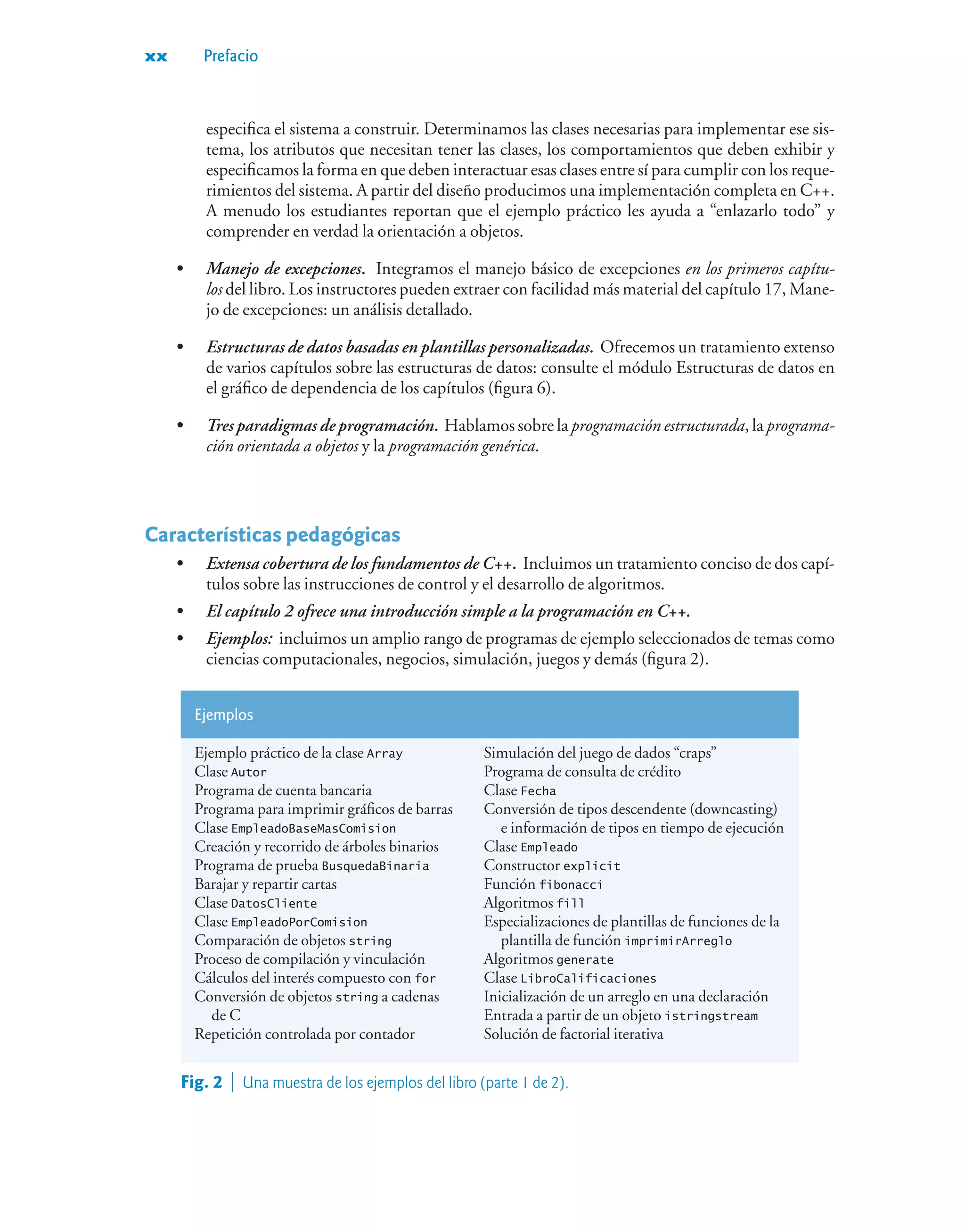 xx Prefacio
especifica el sistema a construir. Determinamos las clases necesarias para implementar ese sis-
tema, los atributos que necesitan tener las clases, los comportamientos que deben exhibir y
especificamos la forma en que deben interactuar esas clases entre sí para cumplir con los reque-
rimientos del sistema. A partir del diseño producimos una implementación completa en C++.
A menudo los estudiantes reportan que el ejemplo práctico les ayuda a “enlazarlo todo” y
comprender en verdad la orientación a objetos.
• Manejo de excepciones. Integramos el manejo básico de excepciones en los primeros capítu-
los del libro. Los instructores pueden extraer con facilidad más material del capítulo 17, Mane-
jo de excepciones: un análisis detallado.
• Estructuras de datos basadas en plantillas personalizadas. Ofrecemos un tratamiento extenso
de varios capítulos sobre las estructuras de datos: consulte el módulo Estructuras de datos en
el gráfico de dependencia de los capítulos (figura 6).
• Tres paradigmas de programación. Hablamos sobre la programación estructurada, la programa-
ción orientada a objetos y la programación genérica.
Características pedagógicas
• Extensa cobertura de los fundamentos de C++. Incluimos un tratamiento conciso de dos capí-
tulos sobre las instrucciones de control y el desarrollo de algoritmos.
• El capítulo 2 ofrece una introducción simple a la programación en C++.
• Ejemplos: incluimos un amplio rango de programas de ejemplo seleccionados de temas como
ciencias computacionales, negocios, simulación, juegos y demás (figura 2).
Ejemplos
Ejemplo práctico de la clase Array
Clase Autor
Programa de cuenta bancaria
Programa para imprimir gráficos de barras
Clase EmpleadoBaseMasComision
Creación y recorrido de árboles binarios
Programa de prueba BusquedaBinaria
Barajar y repartir cartas
Clase DatosCliente
Clase EmpleadoPorComision
Comparación de objetos string
Proceso de compilación y vinculación
Cálculos del interés compuesto con for
Conversión de objetos string a cadenas
de C
Repetición controlada por contador
Simulación del juego de dados “craps”
Programa de consulta de crédito
Clase Fecha
Conversión de tipos descendente (downcasting)
e información de tipos en tiempo de ejecución
Clase Empleado
Constructor explicit
Función fibonacci
Algoritmos fill
Especializaciones de plantillas de funciones de la
plantilla de función imprimirArreglo
Algoritmos generate
Clase LibroCalificaciones
Inicialización de un arreglo en una declaración
Entrada a partir de un objeto istringstream
Solución de factorial iterativa
Fig. 2  Una muestra de los ejemplos del libro (parte 1 de 2).
 
