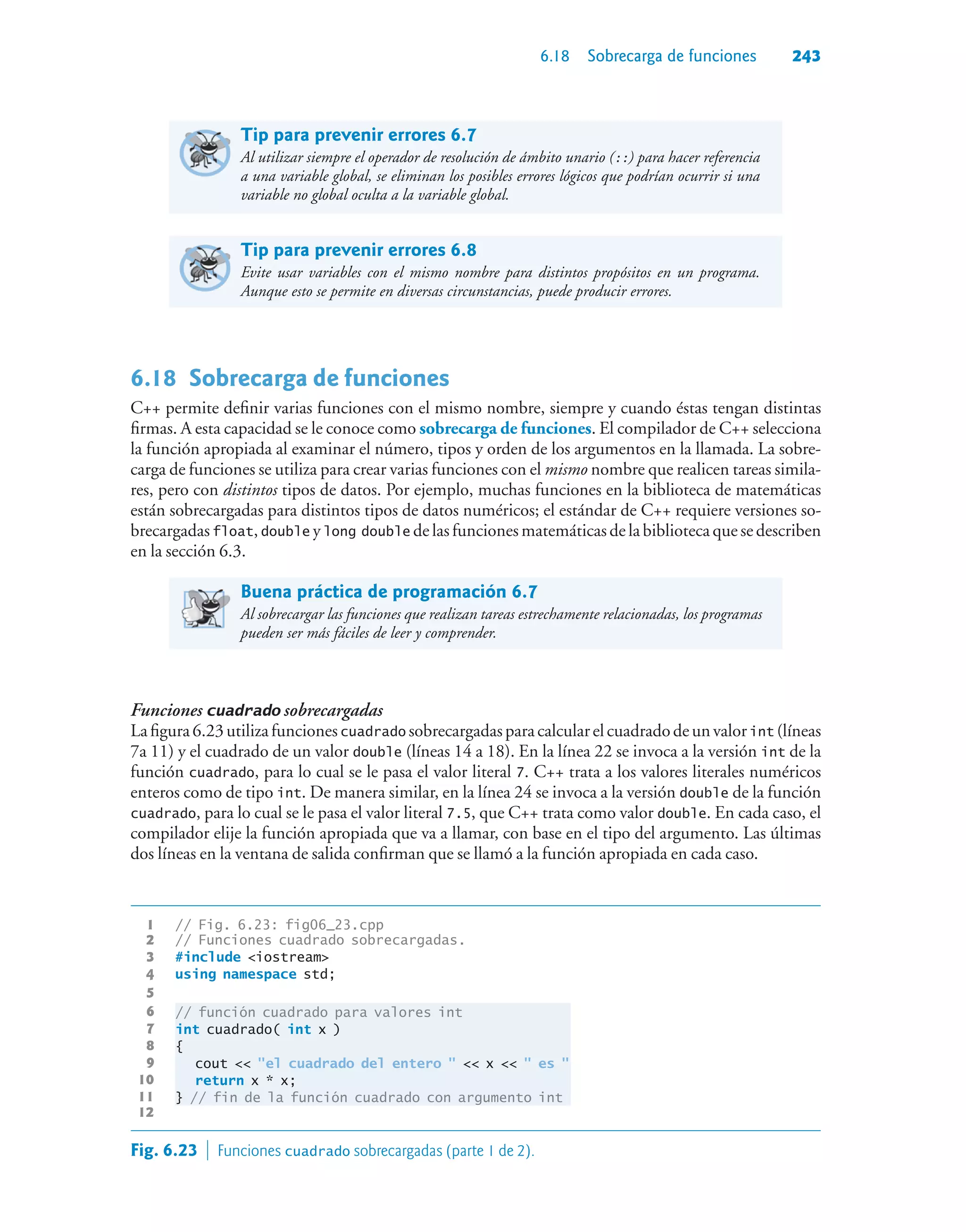 6.18 Sobrecarga de funciones 243
Tip para prevenir errores 6.7
Al utilizar siempre el operador de resolución de ámbito unario (::) para hacer referencia
a una variable global, se eliminan los posibles errores lógicos que podrían ocurrir si una
variable no global oculta a la variable global.
Tip para prevenir errores 6.8
Evite usar variables con el mismo nombre para distintos propósitos en un programa.
Aunque esto se permite en diversas circunstancias, puede producir errores.
6.18Sobrecarga de funciones
C++ permite definir varias funciones con el mismo nombre, siempre y cuando éstas tengan distintas
firmas. A esta capacidad se le conoce como sobrecarga de funciones. El compilador de C++ selecciona
la función apropiada al examinar el número, tipos y orden de los argumentos en la llamada. La sobre-
carga de funciones se utiliza para crear varias funciones con el mismo nombre que realicen tareas simila-
res, pero con distintos tipos de datos. Por ejemplo, muchas funciones en la biblioteca de matemáticas
están sobrecargadas para distintos tipos de datos numéricos; el estándar de C++ requiere versiones so-
brecargadas float, double y long double de las funciones matemáticas de la biblioteca que se describen
en la sección 6.3.
Buena práctica de programación 6.7
Al sobrecargar las funciones que realizan tareas estrechamente relacionadas, los programas
pueden ser más fáciles de leer y comprender.
Funciones cuadrado sobrecargadas
Lafigura6.23utilizafuncionescuadrado sobrecargadasparacalcularelcuadradodeunvalorint (líneas
7a 11) y el cuadrado de un valor double (líneas 14 a 18). En la línea 22 se invoca a la versión int de la
función cuadrado, para lo cual se le pasa el valor literal 7. C++ trata a los valores literales numéricos
enteros como de tipo int. De manera similar, en la línea 24 se invoca a la versión double de la función
cuadrado, para lo cual se le pasa el valor literal 7.5, que C++ trata como valor double. En cada caso, el
compilador elije la función apropiada que va a llamar, con base en el tipo del argumento. Las últimas
dos líneas en la ventana de salida confirman que se llamó a la función apropiada en cada caso.
1 // Fig. 6.23: fig06_23.cpp
2 // Funciones cuadrado sobrecargadas.
3 #include iostream
4 using namespace std;
5
6 // función cuadrado para valores int
7 int cuadrado( int x )
8 {
9 cout  el cuadrado del entero   x   es ;
10 return x * x;
11 } // fin de la función cuadrado con argumento int
12
Fig. 6.23  Funciones cuadrado sobrecargadas (parte 1 de 2).
 