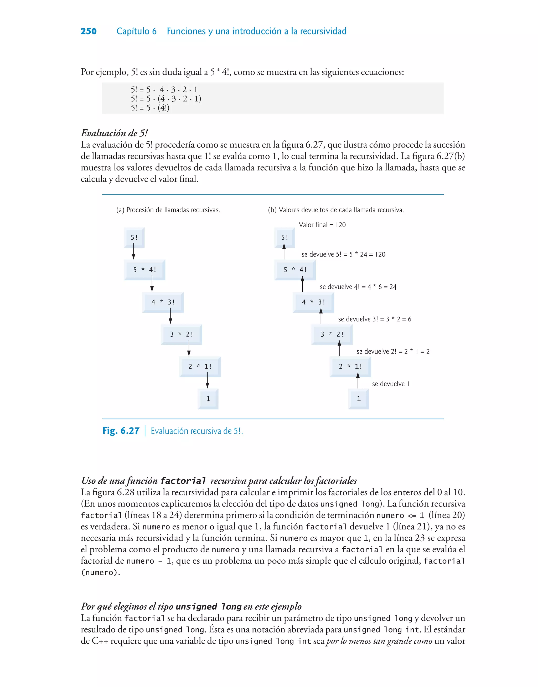250 Capítulo 6 Funciones y una introducción a la recursividad
Por ejemplo, 5! es sin duda igual a 5 *
4!, como se muestra en las siguientes ecuaciones:
5! = 5 · 4 · 3 · 2 · 1
5! = 5 · (4 · 3 · 2 · 1)
5! = 5 · (4!)
Evaluación de 5!
La evaluación de 5! procedería como se muestra en la figura 6.27, que ilustra cómo procede la sucesión
de llamadas recursivas hasta que 1! se evalúa como 1, lo cual termina la recursividad. La figura 6.27(b)
muestra los valores devueltos de cada llamada recursiva a la función que hizo la llamada, hasta que se
calcula y devuelve el valor final.
(a) Procesión de llamadas recursivas.
5 * 4!
4 * 3!
3 * 2!
2 * 1!
5!
1
(b) Valores devueltos de cada llamada recursiva.
Valor final = 120
se devuelve 5! = 5 * 24 = 120
se devuelve 4! = 4 * 6 = 24
se devuelve 3! = 3 * 2 = 6
se devuelve 2! = 2 * 1 = 2
se devuelve 1
5 * 4!
4 * 3!
3 * 2!
2 * 1!
5!
1
Fig. 6.27  Evaluación recursiva de 5!.
Uso de una función factorial recursiva para calcular los factoriales
La figura 6.28 utiliza la recursividad para calcular e imprimir los factoriales de los enteros del 0 al 10.
(En unos momentos explicaremos la elección del tipo de datos unsigned long). La función recursiva
factorial (líneas 18 a 24) determina primero si la condición de terminación numero = 1 (línea 20)
es verdadera. Si numero es menor o igual que 1, la función factorial devuelve 1 (línea 21), ya no es
necesaria más recursividad y la función termina. Si numero es mayor que 1, en la línea 23 se expresa
el problema como el producto de numero y una llamada recursiva a factorial en la que se evalúa el
factorial de numero – 1, que es un problema un poco más simple que el cálculo original, factorial
(numero).
Por qué elegimos el tipo unsigned long en este ejemplo
La función factorial se ha declarado para recibir un parámetro de tipo unsigned long y devolver un
resultado de tipo unsigned long. Ésta es una notación abreviada para unsigned long int. El estándar
de C++ requiere que una variable de tipo unsigned long int sea por lo menos tan grande como un valor
 