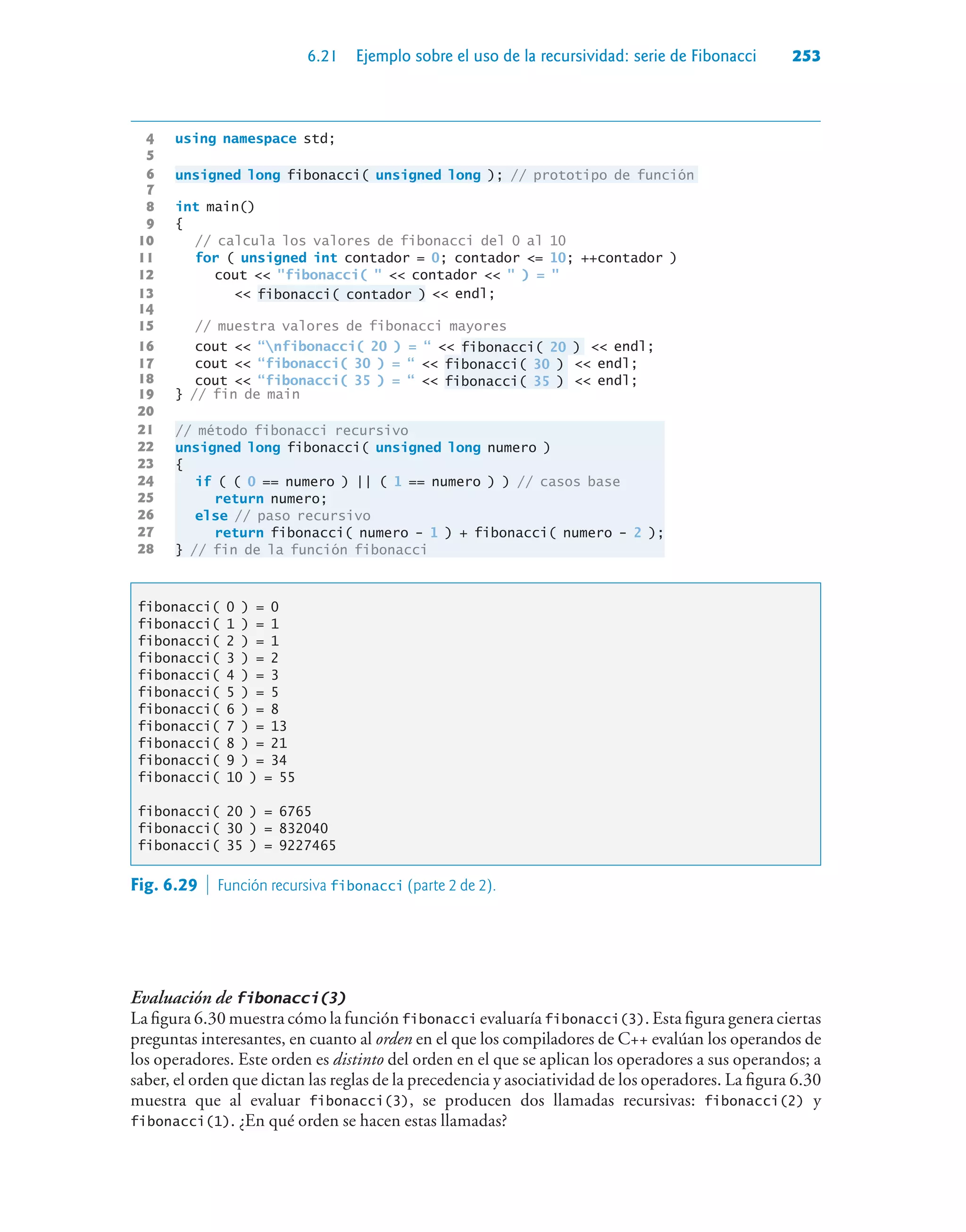 6.21 Ejemplo sobre el uso de la recursividad: serie de Fibonacci 253
4 using namespace std;
5
6 unsigned long fibonacci( unsigned long ); // prototipo de función
7
8 int main()
9 {
10 // calcula los valores de fibonacci del 0 al 10
11 for ( unsigned int contador = 0; contador = 10; ++contador )
12 cout  fibonacci(   contador   ) = 
13  fibonacci( contador )  endl;
14
15 // muestra valores de fibonacci mayores
16 cout  “nfibonacci( 20 ) = “  fibonacci( 20 )  endl;
17 cout  “fibonacci( 30 ) = “  fibonacci( 30 )  endl;
18 cout  “fibonacci( 35 ) = “  fibonacci( 35 )  endl;
19 } // fin de main
20
21 // método fibonacci recursivo
22 unsigned long fibonacci( unsigned long numero )
23 {
24 if ( ( 0 == numero ) || ( 1 == numero ) ) // casos base
25 return numero;
26 else // paso recursivo
27 return fibonacci( numero - 1 ) + fibonacci( numero - 2 );
28 } // fin de la función fibonacci
fibonacci( 0 ) = 0
fibonacci( 1 ) = 1
fibonacci( 2 ) = 1
fibonacci( 3 ) = 2
fibonacci( 4 ) = 3
fibonacci( 5 ) = 5
fibonacci( 6 ) = 8
fibonacci( 7 ) = 13
fibonacci( 8 ) = 21
fibonacci( 9 ) = 34
fibonacci( 10 ) = 55
fibonacci( 20 ) = 6765
fibonacci( 30 ) = 832040
fibonacci( 35 ) = 9227465
Evaluación de fibonacci(3)
La figura 6.30 muestra cómo la función fibonacci evaluaría fibonacci(3). Esta figura genera ciertas
preguntas interesantes, en cuanto al orden en el que los compiladores de C++ evalúan los operandos de
los operadores. Este orden es distinto del orden en el que se aplican los operadores a sus operandos; a
saber, el orden que dictan las reglas de la precedencia y asociatividad de los operadores. La figura 6.30
muestra que al evaluar fibonacci(3), se producen dos llamadas recursivas: fibonacci(2) y
fibonacci(1). ¿En qué orden se hacen estas llamadas?
Fig. 6.29  Función recursiva fibonacci (parte 2 de 2).
 