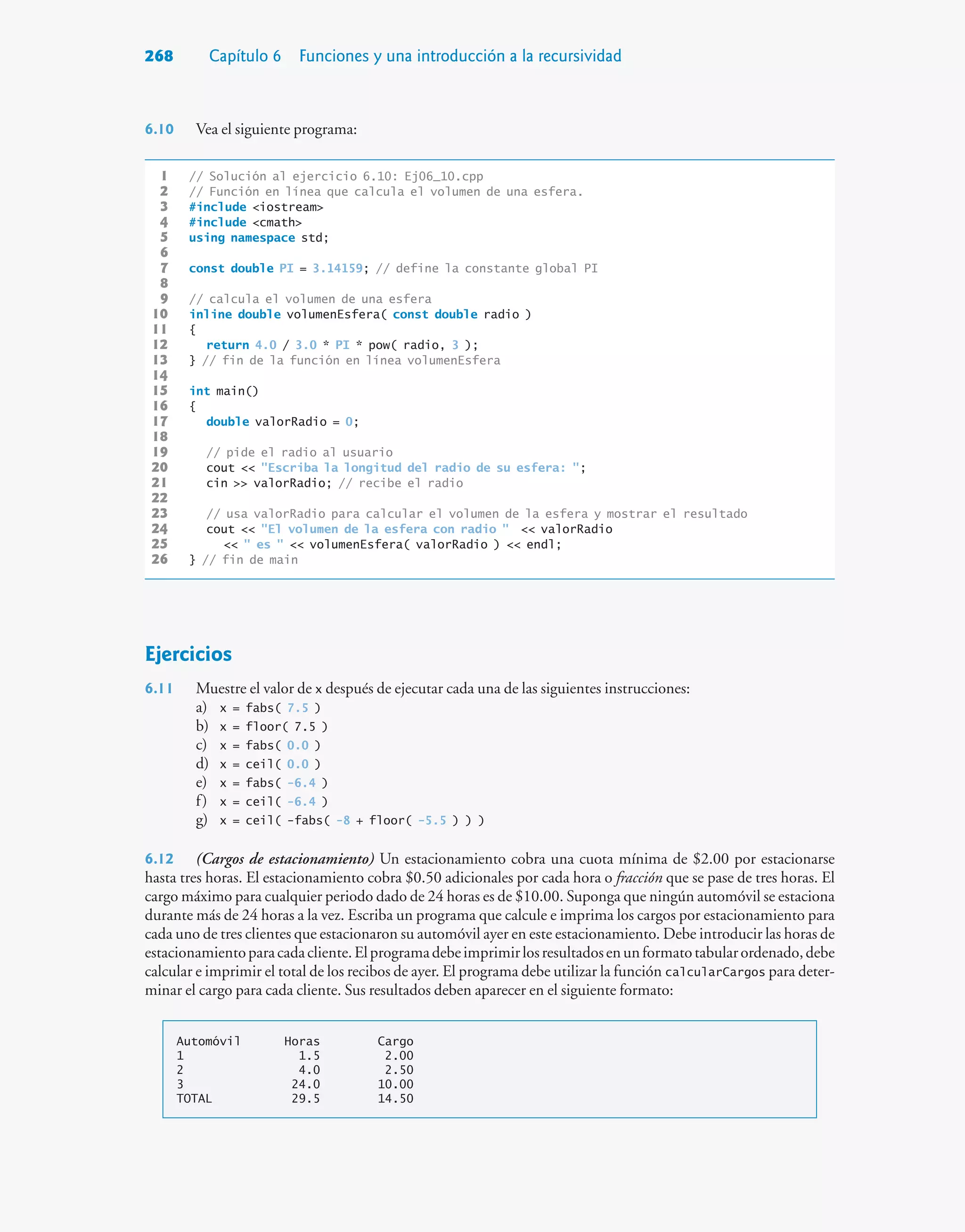268 Capítulo 6 Funciones y una introducción a la recursividad
6.10 Vea el siguiente programa:
1 // Solución al ejercicio 6.10: Ej06_10.cpp
2 // Función en línea que calcula el volumen de una esfera.
3 #include iostream
4 #include cmath
5 using namespace std;
6
7 const double PI = 3.14159; // define la constante global PI
8
9 // calcula el volumen de una esfera
10 inline double volumenEsfera( const double radio )
11 {
12 return 4.0 / 3.0 * PI * pow( radio, 3 );
13 } // fin de la función en línea volumenEsfera
14
15 int main()
16 {
17 double valorRadio = 0;
18
19 // pide el radio al usuario
20 cout  Escriba la longitud del radio de su esfera: ;
21 cin  valorRadio; // recibe el radio
22
23 // usa valorRadio para calcular el volumen de la esfera y mostrar el resultado
24 cout  El volumen de la esfera con radio   valorRadio
25   es   volumenEsfera( valorRadio )  endl;
26 } // fin de main
Ejercicios
6.11 Muestre el valor de x después de ejecutar cada una de las siguientes instrucciones:
a) x = fabs( 7.5 )
b) x = floor( 7.5 )
c) x = fabs( 0.0 )
d) x = ceil( 0.0 )
e) x = fabs( -6.4 )
f) x = ceil( -6.4 )
g) x = ceil( -fabs( -8 + floor( -5.5 ) ) )
6.12 (Cargos de estacionamiento) Un estacionamiento cobra una cuota mínima de $2.00 por estacionarse
hasta tres horas. El estacionamiento cobra $0.50 adicionales por cada hora o fracción que se pase de tres horas. El
cargo máximo para cualquier periodo dado de 24 horas es de $10.00. Suponga que ningún automóvil se estaciona
durante más de 24 horas a la vez. Escriba un programa que calcule e imprima los cargos por estacionamiento para
cada uno de tres clientes que estacionaron su automóvil ayer en este estacionamiento. Debe introducir las horas de
estacionamientoparacadacliente.Elprogramadebeimprimirlosresultadosenunformatotabularordenado,debe
calcular e imprimir el total de los recibos de ayer. El programa debe utilizar la función calcularCargos para deter-
minar el cargo para cada cliente. Sus resultados deben aparecer en el siguiente formato:
Automóvil Horas Cargo
1 1.5 2.00
2 4.0 2.50
3 24.0 10.00
TOTAL 29.5 14.50
 