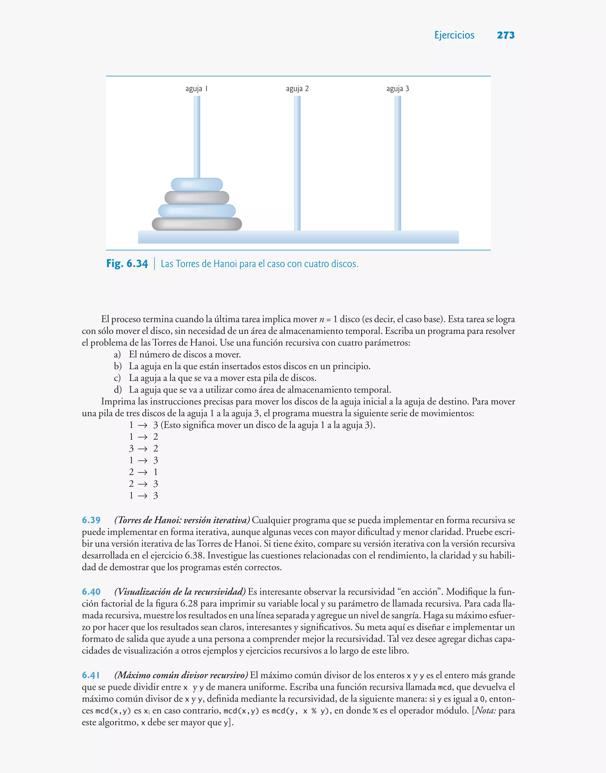 Ejercicios 273
aguja 1 aguja 2 aguja 3
Fig. 6.34  Las Torres de Hanoi para el caso con cuatro discos.
El proceso termina cuando la última tarea implica mover n = 1 disco (es decir, el caso base). Esta tarea se logra
con sólo mover el disco, sin necesidad de un área de almacenamiento temporal. Escriba un programa para resolver
el problema de las Torres de Hanoi. Use una función recursiva con cuatro parámetros:
a) El número de discos a mover.
b) La aguja en la que están insertados estos discos en un principio.
c) La aguja a la que se va a mover esta pila de discos.
d) La aguja que se va a utilizar como área de almacenamiento temporal.
Imprima las instrucciones precisas para mover los discos de la aguja inicial a la aguja de destino. Para mover
una pila de tres discos de la aguja 1 a la aguja 3, el programa muestra la siguiente serie de movimientos:
1 → 3 (Esto significa mover un disco de la aguja 1 a la aguja 3).
1 → 2
3 → 2
1 → 3
2 → 1
2 → 3
1 → 3
6.39 (Torres de Hanoi: versión iterativa) Cualquier programa que se pueda implementar en forma recursiva se
puede implementar en forma iterativa, aunque algunas veces con mayor dificultad y menor claridad. Pruebe escri-
bir una versión iterativa de lasTorres de Hanoi. Si tiene éxito, compare su versión iterativa con la versión recursiva
desarrollada en el ejercicio 6.38. Investigue las cuestiones relacionadas con el rendimiento, la claridad y su habili-
dad de demostrar que los programas estén correctos.
6.40 (Visualización de la recursividad) Es interesante observar la recursividad “en acción”. Modifique la fun-
ción factorial de la figura 6.28 para imprimir su variable local y su parámetro de llamada recursiva. Para cada lla-
mada recursiva, muestre los resultados en una línea separada y agregue un nivel de sangría. Haga su máximo esfuer-
zo por hacer que los resultados sean claros, interesantes y significativos. Su meta aquí es diseñar e implementar un
formato de salida que ayude a una persona a comprender mejor la recursividad. Tal vez desee agregar dichas capa-
cidades de visualización a otros ejemplos y ejercicios recursivos a lo largo de este libro.
6.41 (Máximo común divisor recursivo) El máximo común divisor de los enteros x y y es el entero más grande
que se puede dividir entre x y y de manera uniforme. Escriba una función recursiva llamada mcd, que devuelva el
máximo común divisor de x y y, definida mediante la recursividad, de la siguiente manera: si y es igual a 0, enton-
ces mcd(x,y) es x; en caso contrario, mcd(x,y) es mcd(y, x % y), en donde % es el operador módulo. [Nota: para
este algoritmo, x debe ser mayor que y].
 