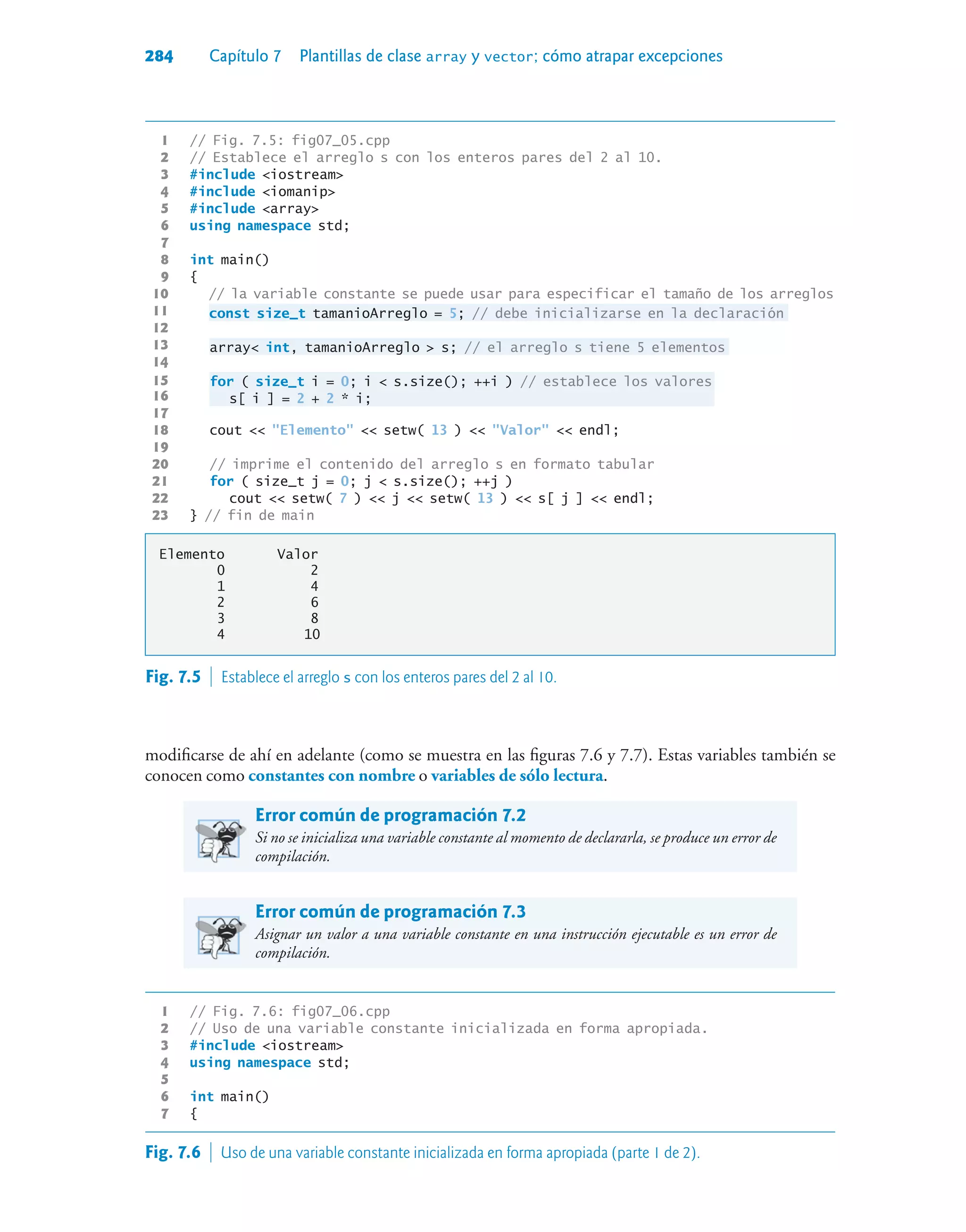 284 Capítulo 7 Plantillas de clase array y vector; cómo atrapar excepciones
1 // Fig. 7.5: fig07_05.cpp
2 // Establece el arreglo s con los enteros pares del 2 al 10.
3 #include iostream
4 #include iomanip
5 #include array
6 using namespace std;
7
8 int main()
9 {
10 // la variable constante se puede usar para especificar el tamaño de los arreglos
11 const size_t tamanioArreglo = 5; // debe inicializarse en la declaración
12
13 array int, tamanioArreglo  s; // el arreglo s tiene 5 elementos
14
15 for ( size_t i = 0; i  s.size(); ++i ) // establece los valores
16 s[ i ] = 2 + 2 * i;
17
18 cout  Elemento  setw( 13 )  Valor  endl;
19
20 // imprime el contenido del arreglo s en formato tabular
21 for ( size_t j = 0; j  s.size(); ++j )
22 cout  setw( 7 )  j  setw( 13 )  s[ j ]  endl;
23 } // fin de main
Elemento Valor
0 2
1 4
2 6
3 8
4 10
Fig. 7.5  Establece el arreglo s con los enteros pares del 2 al 10.
modificarse de ahí en adelante (como se muestra en las figuras 7.6 y 7.7). Estas variables también se
conocen como constantes con nombre o variables de sólo lectura.
Error común de programación 7.2
Si no se inicializa una variable constante al momento de declararla, se produce un error de
compilación.
Error común de programación 7.3
Asignar un valor a una variable constante en una instrucción ejecutable es un error de
compilación.
1 // Fig. 7.6: fig07_06.cpp
2 // Uso de una variable constante inicializada en forma apropiada.
3 #include iostream
4 using namespace std;
5
6 int main()
7 {
Fig. 7.6  Uso de una variable constante inicializada en forma apropiada (parte 1 de 2).
 