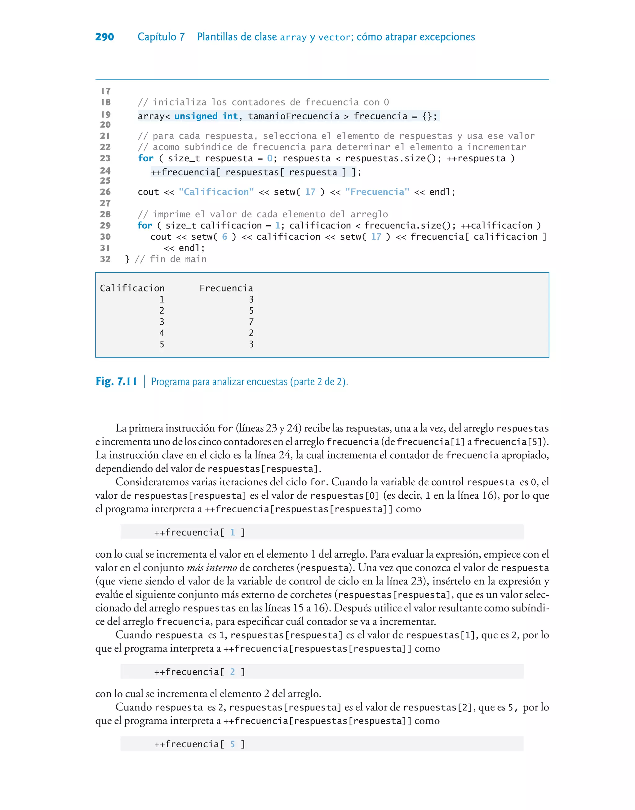 290 Capítulo 7 Plantillas de clase array y vector; cómo atrapar excepciones
17
18 // inicializa los contadores de frecuencia con 0
19 array unsigned int, tamanioFrecuencia  frecuencia = {};
20
21 // para cada respuesta, selecciona el elemento de respuestas y usa ese valor
22 // acomo subíndice de frecuencia para determinar el elemento a incrementar
23 for ( size_t respuesta = 0; respuesta  respuestas.size(); ++respuesta )
24 ++frecuencia[ respuestas[ respuesta ] ];
25
26 cout  Calificacion  setw( 17 )  Frecuencia  endl;
27
28 // imprime el valor de cada elemento del arreglo
29 for ( size_t calificacion = 1; calificacion  frecuencia.size(); ++calificacion )
30 cout  setw( 6 )  calificacion  setw( 17 )  frecuencia[ calificacion ]
31  endl;
32 } // fin de main
Calificacion Frecuencia
1 3
2 5
3 7
4 2
5 3
La primera instrucción for (líneas 23 y 24) recibe las respuestas, una a la vez, del arreglo respuestas
eincrementaunodeloscincocontadoresenelarreglofrecuencia (defrecuencia[1] afrecuencia[5]).
La instrucción clave en el ciclo es la línea 24, la cual incrementa el contador de frecuencia apropiado,
dependiendo del valor de respuestas[respuesta].
Consideraremos varias iteraciones del ciclo for. Cuando la variable de control respuesta es 0, el
valor de respuestas[respuesta] es el valor de respuestas[0] (es decir, 1 en la línea 16), por lo que
el programa interpreta a ++frecuencia[respuestas[respuesta]] como
++frecuencia[ 1 ]
con lo cual se incrementa el valor en el elemento 1 del arreglo. Para evaluar la expresión, empiece con el
valor en el conjunto más interno de corchetes (respuesta). Una vez que conozca el valor de respuesta
(que viene siendo el valor de la variable de control de ciclo en la línea 23), insértelo en la expresión y
evalúe el siguiente conjunto más externo de corchetes (respuestas[respuesta], que es un valor selec-
cionado del arreglo respuestas en las líneas 15 a 16). Después utilice el valor resultante como subíndi-
ce del arreglo frecuencia, para especificar cuál contador se va a incrementar.
Cuando respuesta es 1, respuestas[respuesta] es el valor de respuestas[1], que es 2, por lo
que el programa interpreta a ++frecuencia[respuestas[respuesta]] como
++frecuencia[ 2 ]
con lo cual se incrementa el elemento 2 del arreglo.
Cuando respuesta es 2, respuestas[respuesta] es el valor de respuestas[2], que es 5, por lo
que el programa interpreta a ++frecuencia[respuestas[respuesta]] como
++frecuencia[ 5 ]
Fig. 7.11  Programa para analizar encuestas (parte 2 de 2).
 