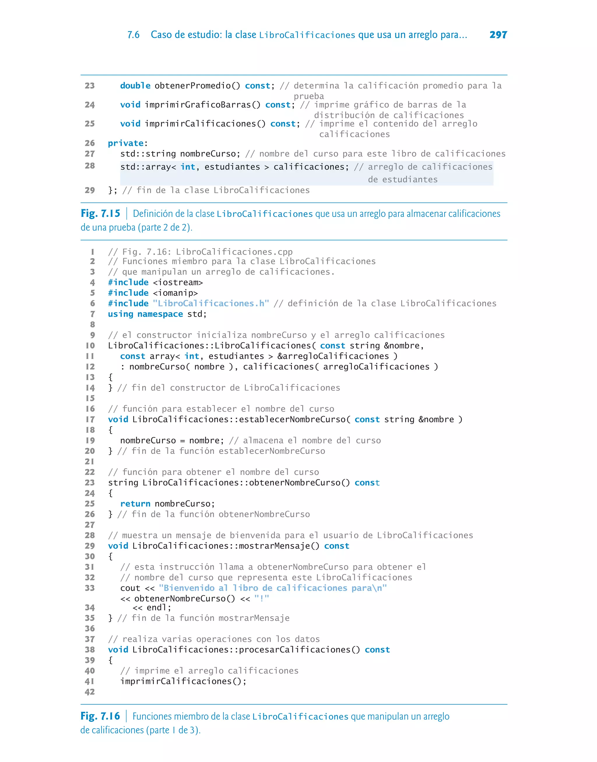 7.6 Caso de estudio: la clase LibroCalificaciones que usa un arreglo para... 297
23 double obtenerPromedio() const; // determina la calificación promedio para la
prueba
24 void imprimirGraficoBarras() const; // imprime gráfico de barras de la
distribución de calificaciones
25 void imprimirCalificaciones() const; // imprime el contenido del arreglo
calificaciones
26 private:
27 std::string nombreCurso; // nombre del curso para este libro de calificaciones
28
std::array int, estudiantes  calificaciones; // arreglo de calificaciones
de estudiantes
29 }; // fin de la clase LibroCalificaciones
1 // Fig. 7.16: LibroCalificaciones.cpp
2 // Funciones miembro para la clase LibroCalificaciones
3 // que manipulan un arreglo de calificaciones.
4 #include iostream
5 #include iomanip
6 #include LibroCalificaciones.h // definición de la clase LibroCalificaciones
7 using namespace std;
8
9 // el constructor inicializa nombreCurso y el arreglo calificaciones
10 LibroCalificaciones::LibroCalificaciones( const string nombre,
11 const array int, estudiantes  arregloCalificaciones )
12 : nombreCurso( nombre ), calificaciones( arregloCalificaciones )
13 {
14 } // fin del constructor de LibroCalificaciones
15
16 // función para establecer el nombre del curso
17 void LibroCalificaciones::establecerNombreCurso( const string nombre )
18 {
19 nombreCurso = nombre; // almacena el nombre del curso
20 } // fin de la función establecerNombreCurso
21
22 // función para obtener el nombre del curso
23 string LibroCalificaciones::obtenerNombreCurso() const
24 {
25 return nombreCurso;
26 } // fin de la función obtenerNombreCurso
27
28 // muestra un mensaje de bienvenida para el usuario de LibroCalificaciones
29 void LibroCalificaciones::mostrarMensaje() const
30 {
31 // esta instrucción llama a obtenerNombreCurso para obtener el
32 // nombre del curso que representa este LibroCalificaciones
33 cout  Bienvenido al libro de calificaciones paran
 obtenerNombreCurso()  !
34  endl;
35 } // fin de la función mostrarMensaje
36
37 // realiza varias operaciones con los datos
38 void LibroCalificaciones::procesarCalificaciones() const
39 {
40 // imprime el arreglo calificaciones
41 imprimirCalificaciones();
42
Fig. 7.15  Definición de la clase LibroCalificaciones que usa un arreglo para almacenar calificaciones
de una prueba (parte 2 de 2).
28
Fig. 7.16  Funciones miembro de la clase LibroCalificaciones que manipulan un arreglo
de calificaciones (parte 1 de 3).
 