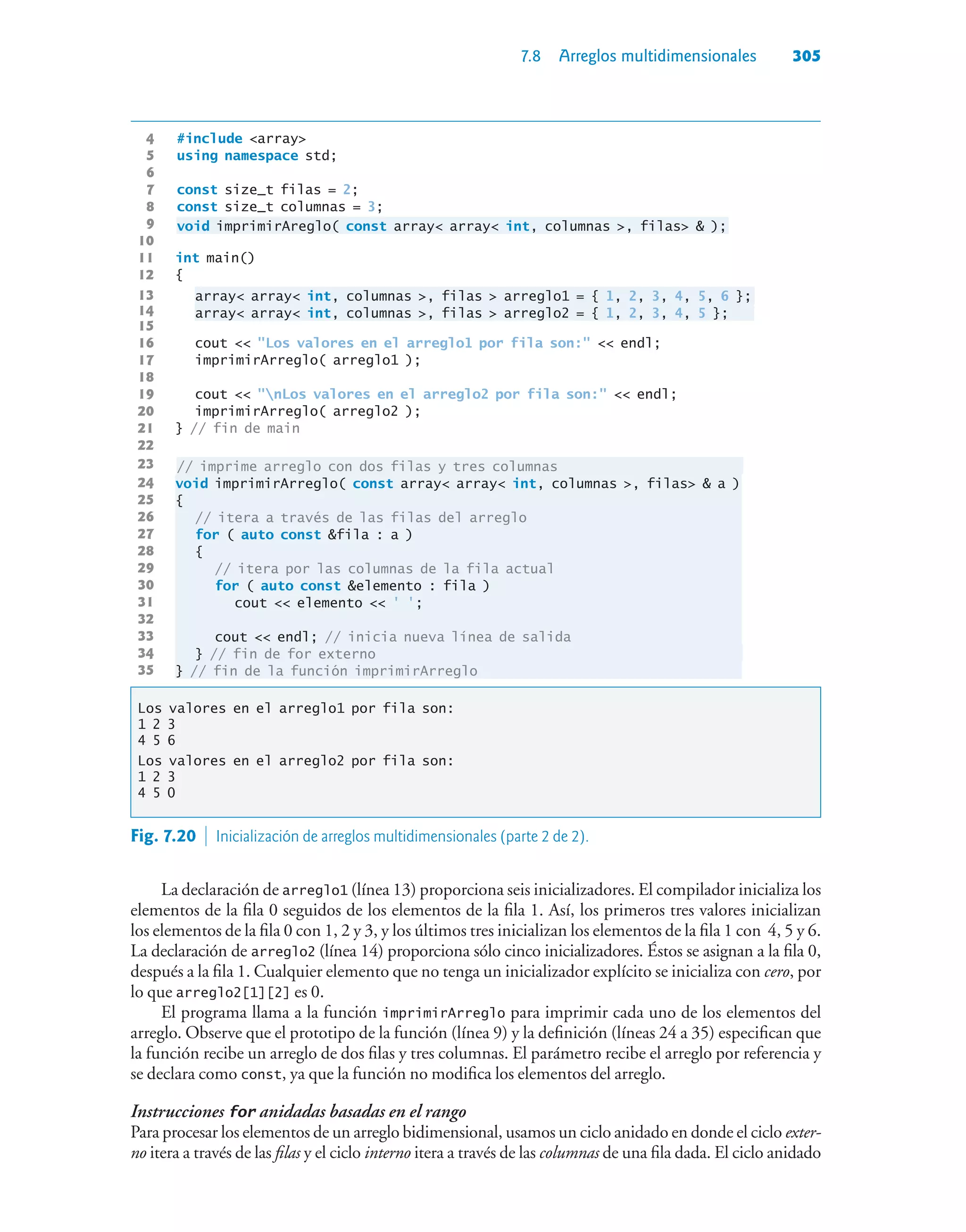 7.8 Arreglos multidimensionales 305
4 #include array
5 using namespace std;
6
7 const size_t filas = 2;
8 const size_t columnas = 3;
9 void imprimirAreglo( const array array int, columnas , filas  );
10
11 int main()
12 {
13 array array int, columnas , filas  arreglo1 = { 1, 2, 3, 4, 5, 6 };
14 array array int, columnas , filas  arreglo2 = { 1, 2, 3, 4, 5 };
15
16 cout  Los valores en el arreglo1 por fila son:  endl;
17 imprimirArreglo( arreglo1 );
18
19 cout  nLos valores en el arreglo2 por fila son:  endl;
20 imprimirArreglo( arreglo2 );
21 } // fin de main
22
23 // imprime arreglo con dos filas y tres columnas
24 void imprimirArreglo( const array array int, columnas , filas  a )
25 {
26 // itera a través de las filas del arreglo
27 for ( auto const fila : a )
28 {
29 // itera por las columnas de la fila actual
30 for ( auto const elemento : fila )
31 cout  elemento  ' ';
32
33 cout  endl; // inicia nueva línea de salida
34 } // fin de for externo
35 } // fin de la función imprimirArreglo
Los valores en el arreglo1 por fila son:
1 2 3
4 5 6
Los valores en el arreglo2 por fila son:
1 2 3
4 5 0
La declaración de arreglo1 (línea 13) proporciona seis inicializadores. El compilador inicializa los
elementos de la fila 0 seguidos de los elementos de la fila 1. Así, los primeros tres valores inicializan
los elementos de la fila 0 con 1, 2 y 3, y los últimos tres inicializan los elementos de la fila 1 con 4, 5 y 6.
La declaración de arreglo2 (línea 14) proporciona sólo cinco inicializadores. Éstos se asignan a la fila 0,
después a la fila 1. Cualquier elemento que no tenga un inicializador explícito se inicializa con cero, por
lo que arreglo2[1][2] es 0.
El programa llama a la función imprimirArreglo para imprimir cada uno de los elementos del
arreglo. Observe que el prototipo de la función (línea 9) y la definición (líneas 24 a 35) especifican que
la función recibe un arreglo de dos filas y tres columnas. El parámetro recibe el arreglo por referencia y
se declara como const, ya que la función no modifica los elementos del arreglo.
Instrucciones for anidadas basadas en el rango
Para procesar los elementos de un arreglo bidimensional, usamos un ciclo anidado en donde el ciclo exter-
no itera a través de las filas y el ciclo interno itera a través de las columnas de una fila dada. El ciclo anidado
Fig. 7.20  Inicialización de arreglos multidimensionales (parte 2 de 2).
 