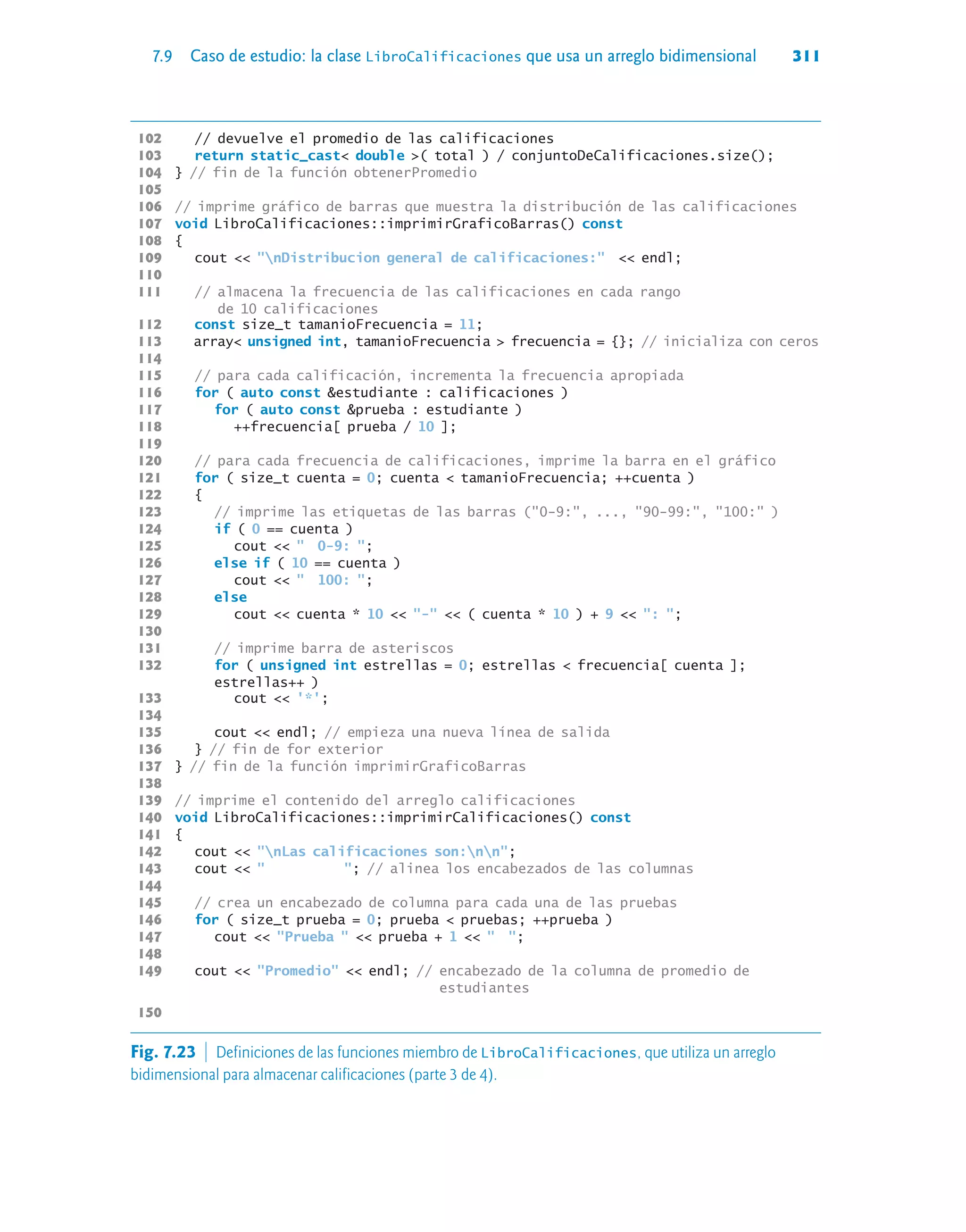 7.9 Caso de estudio: la clase LibroCalificaciones que usa un arreglo bidimensional 311
102 // devuelve el promedio de las calificaciones
103 return static_cast double ( total ) / conjuntoDeCalificaciones.size();
104 } // fin de la función obtenerPromedio
105
106 // imprime gráfico de barras que muestra la distribución de las calificaciones
107 void LibroCalificaciones::imprimirGraficoBarras() const
108 {
109 cout  nDistribucion general de calificaciones:  endl;
110
111 // almacena la frecuencia de las calificaciones en cada rango
de 10 calificaciones
112 const size_t tamanioFrecuencia = 11;
113 array unsigned int, tamanioFrecuencia  frecuencia = {}; // inicializa con ceros
114
115 // para cada calificación, incrementa la frecuencia apropiada
116 for ( auto const estudiante : calificaciones )
117 for ( auto const prueba : estudiante )
118 ++frecuencia[ prueba / 10 ];
119
120 // para cada frecuencia de calificaciones, imprime la barra en el gráfico
121 for ( size_t cuenta = 0; cuenta  tamanioFrecuencia; ++cuenta )
122 {
123 // imprime las etiquetas de las barras (0-9:, ..., 90-99:, 100: )
124 if ( 0 == cuenta )
125 cout   0-9: ;
126 else if ( 10 == cuenta )
127 cout   100: ;
128 else
129 cout  cuenta * 10  -  ( cuenta * 10 ) + 9  : ;
130
131 // imprime barra de asteriscos
132 for ( unsigned int estrellas = 0; estrellas  frecuencia[ cuenta ];
estrellas++ )
133 cout  '*';
134
135 cout  endl; // empieza una nueva línea de salida
136 } // fin de for exterior
137 } // fin de la función imprimirGraficoBarras
138
139 // imprime el contenido del arreglo calificaciones
140 void LibroCalificaciones::imprimirCalificaciones() const
141 {
142 cout  nLas calificaciones son:nn;
143 cout   ; // alinea los encabezados de las columnas
144
145 // crea un encabezado de columna para cada una de las pruebas
146 for ( size_t prueba = 0; prueba  pruebas; ++prueba )
147 cout  Prueba   prueba + 1   ;
148
149 cout  Promedio  endl; // encabezado de la columna de promedio de
estudiantes
150
Fig. 7.23  Definiciones de las funciones miembro de LibroCalificaciones, que utiliza un arreglo
bidimensional para almacenar calificaciones (parte 3 de 4).
 
