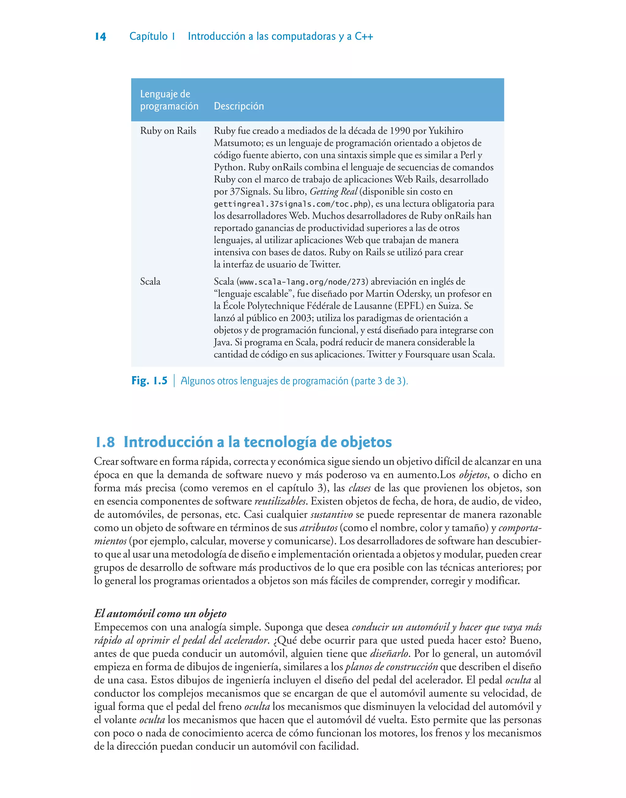14 Capítulo 1 Introducción a las computadoras y a C++
Lenguaje de
programación Descripción
Ruby on Rails Ruby fue creado a mediados de la década de 1990 por Yukihiro
Matsumoto; es un lenguaje de programación orientado a objetos de
código fuente abierto, con una sintaxis simple que es similar a Perl y
Python. Ruby onRails combina el lenguaje de secuencias de comandos
Ruby con el marco de trabajo de aplicaciones Web Rails, desarrollado
por 37Signals. Su libro, Getting Real (disponible sin costo en
gettingreal.37signals.com/toc.php), es una lectura obligatoria para
los desarrolladores Web. Muchos desarrolladores de Ruby onRails han
reportado ganancias de productividad superiores a las de otros
lenguajes, al utilizar aplicaciones Web que trabajan de manera
intensiva con bases de datos. Ruby on Rails se utilizó para crear
la interfaz de usuario de Twitter.
Scala Scala (www.scala-lang.org/node/273) abreviación en inglés de
“lenguaje escalable”, fue diseñado por Martin Odersky, un profesor en
la École Polytechnique Fédérale de Lausanne (EPFL) en Suiza. Se
lanzó al público en 2003; utiliza los paradigmas de orientación a
objetos y de programación funcional, y está diseñado para integrarse con
Java. Si programa en Scala, podrá reducir de manera considerable la
cantidad de código en sus aplicaciones. Twitter y Foursquare usan Scala.
Fig. 1.5  Algunos otros lenguajes de programación (parte 3 de 3).
1.8Introducción a la tecnología de objetos
Crear software en forma rápida, correcta y económica sigue siendo un objetivo difícil de alcanzar en una
época en que la demanda de software nuevo y más poderoso va en aumento.Los objetos, o dicho en
forma más precisa (como veremos en el capítulo 3), las clases de las que provienen los objetos, son
en esencia componentes de software reutilizables. Existen objetos de fecha, de hora, de audio, de video,
de automóviles, de personas, etc. Casi cualquier sustantivo se puede representar de manera razonable
como un objeto de software en términos de sus atributos (como el nombre, color y tamaño) y comporta-
mientos (por ejemplo, calcular, moverse y comunicarse). Los desarrolladores de software han descubier-
to que al usar una metodología de diseño e implementación orientada a objetos y modular, pueden crear
grupos de desarrollo de software más productivos de lo que era posible con las técnicas anteriores; por
lo general los programas orientados a objetos son más fáciles de comprender, corregir y modificar.
El automóvil como un objeto
Empecemos con una analogía simple. Suponga que desea conducir un automóvil y hacer que vaya más
rápido al oprimir el pedal del acelerador. ¿Qué debe ocurrir para que usted pueda hacer esto? Bueno,
antes de que pueda conducir un automóvil, alguien tiene que diseñarlo. Por lo general, un automóvil
empieza en forma de dibujos de ingeniería, similares a los planos de construcción que describen el diseño
de una casa. Estos dibujos de ingeniería incluyen el diseño del pedal del acelerador. El pedal oculta al
conductor los complejos mecanismos que se encargan de que el automóvil aumente su velocidad, de
igual forma que el pedal del freno oculta los mecanismos que disminuyen la velocidad del automóvil y
el volante oculta los mecanismos que hacen que el automóvil dé vuelta. Esto permite que las personas
con poco o nada de conocimiento acerca de cómo funcionan los motores, los frenos y los mecanismos
de la dirección puedan conducir un automóvil con facilidad.
 