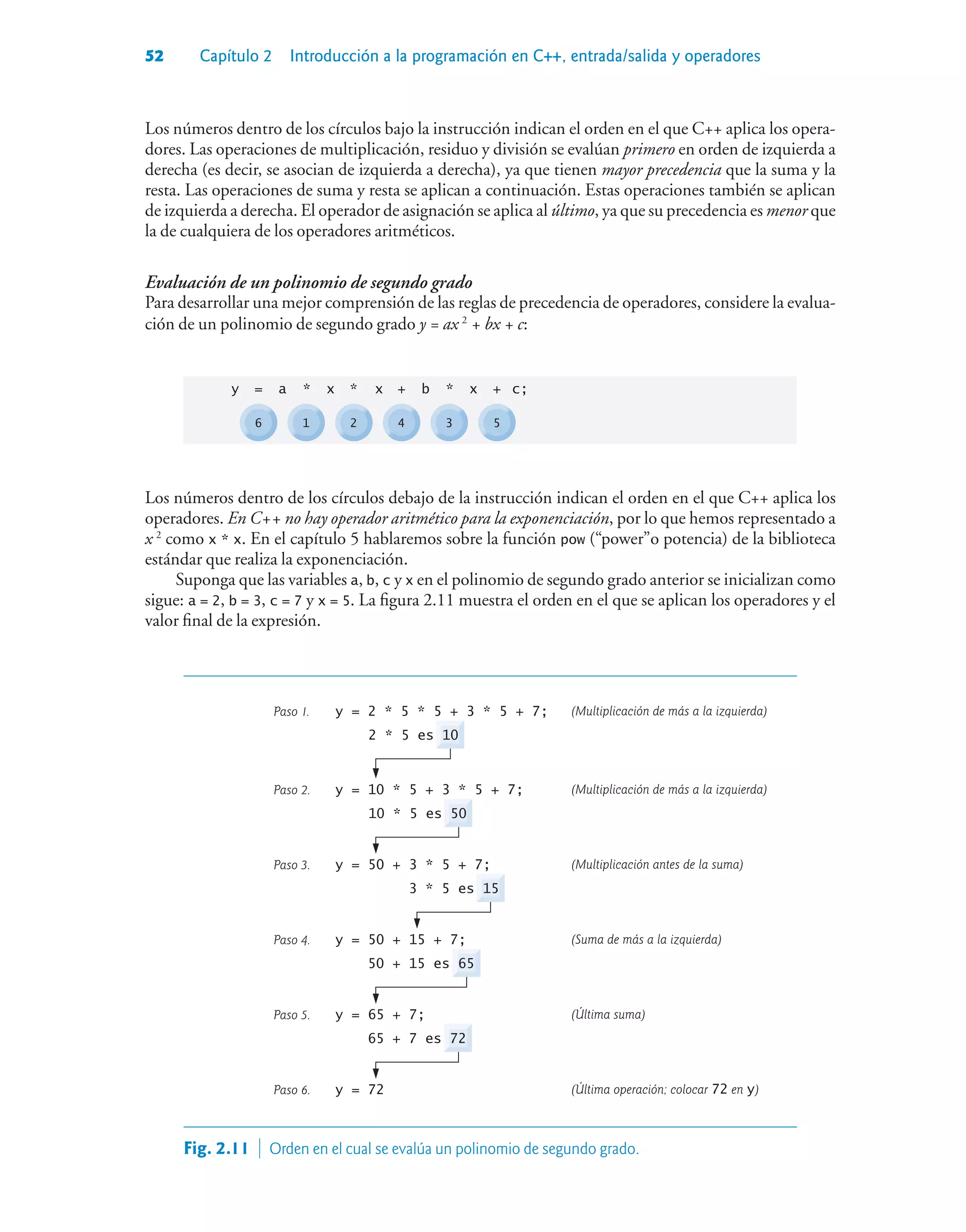 52 Capítulo 2 Introducción a la programación en C++, entrada/salida y operadores
Los números dentro de los círculos bajo la instrucción indican el orden en el que C++ aplica los opera-
dores. Las operaciones de multiplicación, residuo y división se evalúan primero en orden de izquierda a
derecha (es decir, se asocian de izquierda a derecha), ya que tienen mayor precedencia que la suma y la
resta. Las operaciones de suma y resta se aplican a continuación. Estas operaciones también se aplican
de izquierda a derecha. El operador de asignación se aplica al último, ya que su precedencia es menor que
la de cualquiera de los operadores aritméticos.
Evaluación de un polinomio de segundo grado
Para desarrollar una mejor comprensión de las reglas de precedencia de operadores, considere la evalua-
ción de un polinomio de segundo grado y = ax 2
+ bx + c:
Los números dentro de los círculos debajo de la instrucción indican el orden en el que C++ aplica los
operadores. En C++ no hay operador aritmético para la exponenciación, por lo que hemos representado a
x 2
como x * x. En el capítulo 5 hablaremos sobre la función pow (“power”o potencia) de la biblioteca
estándar que realiza la exponenciación.
Suponga que las variables a, b, c y x en el polinomio de segundo grado anterior se inicializan como
sigue: a = 2, b = 3, c = 7 y x = 5. La figura 2.11 muestra el orden en el que se aplican los operadores y el
valor final de la expresión.
(Multiplicación de más a la izquierda)
(Multiplicación de más a la izquierda)
(Multiplicación antes de la suma)
(Suma de más a la izquierda)
(Última suma)
(Última operación; colocar 72 en y)
Paso 1. y = 2 * 5 * 5 + 3 * 5 + 7;
2 * 5 es 10
Paso 2. y = 10 * 5 + 3 * 5 + 7;
10 * 5 es 50
Paso 3. y = 50 + 3 * 5 + 7;
3 * 5 es 15
Paso 4. y = 50 + 15 + 7;
50 + 15 es 65
Paso 5. y = 65 + 7;
65 + 7 es 72
Paso 6. y = 72
Fig. 2.11  Orden en el cual se evalúa un polinomio de segundo grado.
6 1 2 4 3 5
y = a * x * x + b * x + c;
 