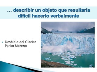 … describir un objeto que resultaría difícil hacerlo verbalmenteDeshielo del Glaciar Perito Moreno… lograr motivación, emoción y actitud frente a un determinado temaMadres de Plaza de Mayo reclamando justicia…explicar los elementos o componentes  de un objetoLa estructura del átomo de oxígeno con sus partículas…explicar  un proceso  o ciclo de un sistemaEl ciclo del agua