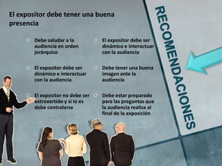 El expositor debe tener una buena
presencia

       Debe saludar a la          El expositor debe ser
       audiencia en orden         dinámico e interactuar
       jerárquico                 con la audiencia

       El expositor debe ser      Debe tener una buena
       dinámico e interactuar     imagen ante la
       con la audiencia           audiencia

       El expositor no debe ser   Debe estar preparado
       extrovertido y si lo es    para las preguntas que
       debe controlarse           la audiencia realiza al
                                  final de la exposición
 