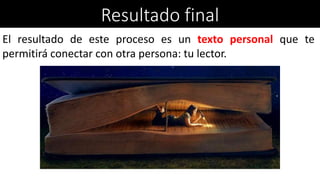 Resultado final
El resultado de este proceso es un texto personal que te
permitirá conectar con otra persona: tu lector.
 