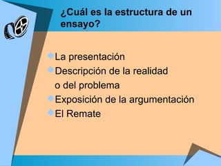 ¿Cuál es la estructura de un
ensayo?
La presentación
Descripción de la realidad
o del problema
Exposición de la argumentación
El Remate
 
