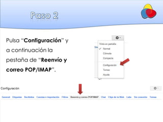 Pulsa “Configuración” y
a continuación la
pestaña de “Reenvío y
correo POP/IMAP”.
 
