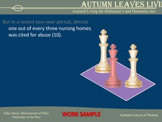 Other signs of financial abuse include: The sudden appearance of previously uninvolved relatives claiming a right to the elder’s possessionsUnexplained transfer of assets to a family member or person outside the familyProvision of unnecessary services The elder’s report of being financially exploited (5).