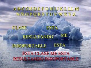 A B C CH D E F G H I J K L LL M N Ñ O P Q R S T U V W X Y Z ESTA CLASE ME ESTA RESULTANDO INSOPORTABLE CLASE INSOPORTABLE ESTA ME ESTA RESULTANDO 