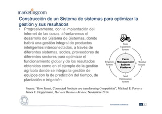 Estrictamente confidencial
Construcción de un Sistema de sistemas para optimizar la
gestión y sus resultados
• Progresivamente, con la implantación del
internet de las cosas, afrontaremos el
desarrollo del Sistema de Sistemas, donde
habrá una gestión integral de productos
inteligentes interconectados, a través de
diferentes sistemas, socios, proveedores de
diferentes sectores para optimizar el
funcionamiento global y de los resultados
obtenidos como en el ejemplo de la gestión
agrícola donde se integra la gestión de
equipos con la de predicción del tiempo, de
plantación e irrigación
Pág. 10
Weather
System
Irrigation
System
Seed
Optimization
System
Farm
Equipment
System
Farm
Management
System
Platform
Fuente: “How Smart, Connected Products are transforming Competition”, Michael E. Porter y
James E. Heppelmann, Harvard Business Review, Noviembre 2014.
 