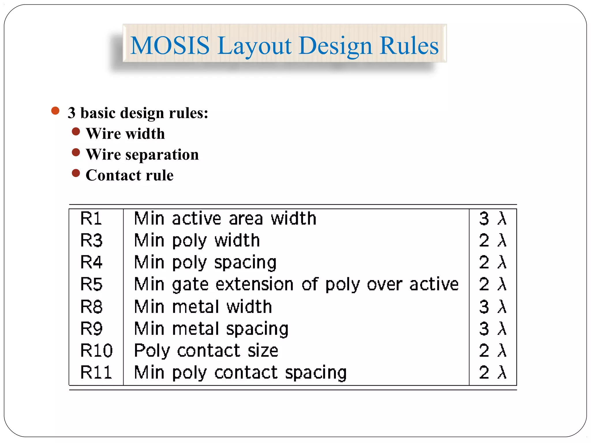 MOSIS Layout Design Rules
 3 basic design rules:
Wire width
Wire separation
Contact rule
 