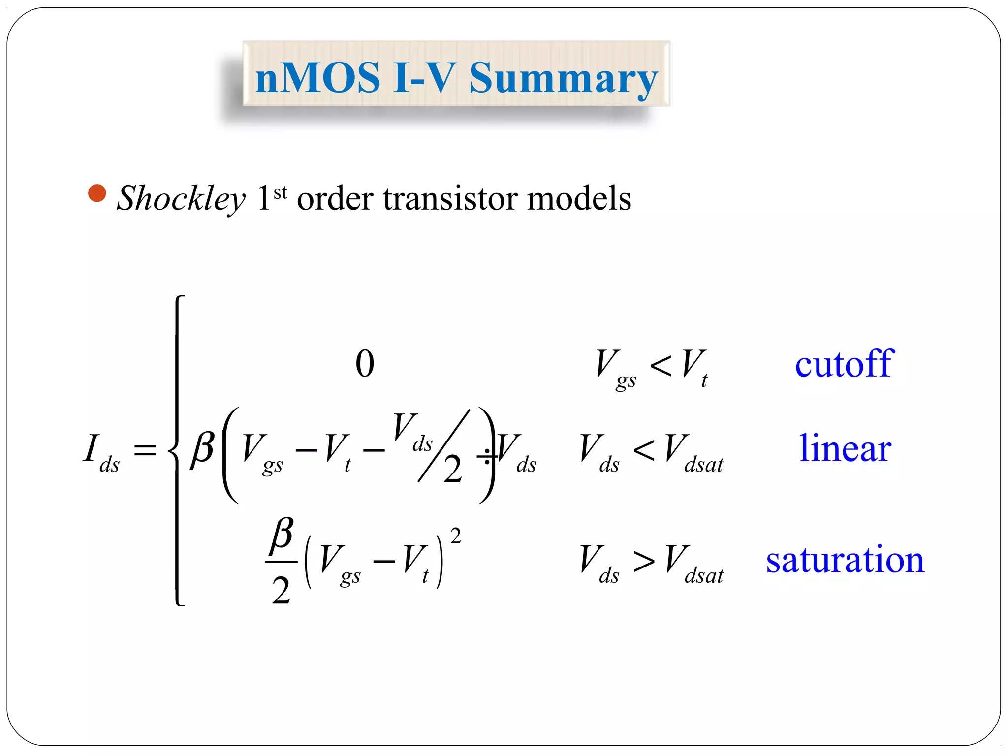 nMOS I-V Summary
Shockley 1st
order transistor models
( )
2
cutoff
linear
saturatio
0
2
2
n
gs t
ds
ds gs t ds ds dsat
gs t ds dsat
V V
V
I V V V V V
V V V V
β
β

 <

  = − − < ÷
 

− >
 