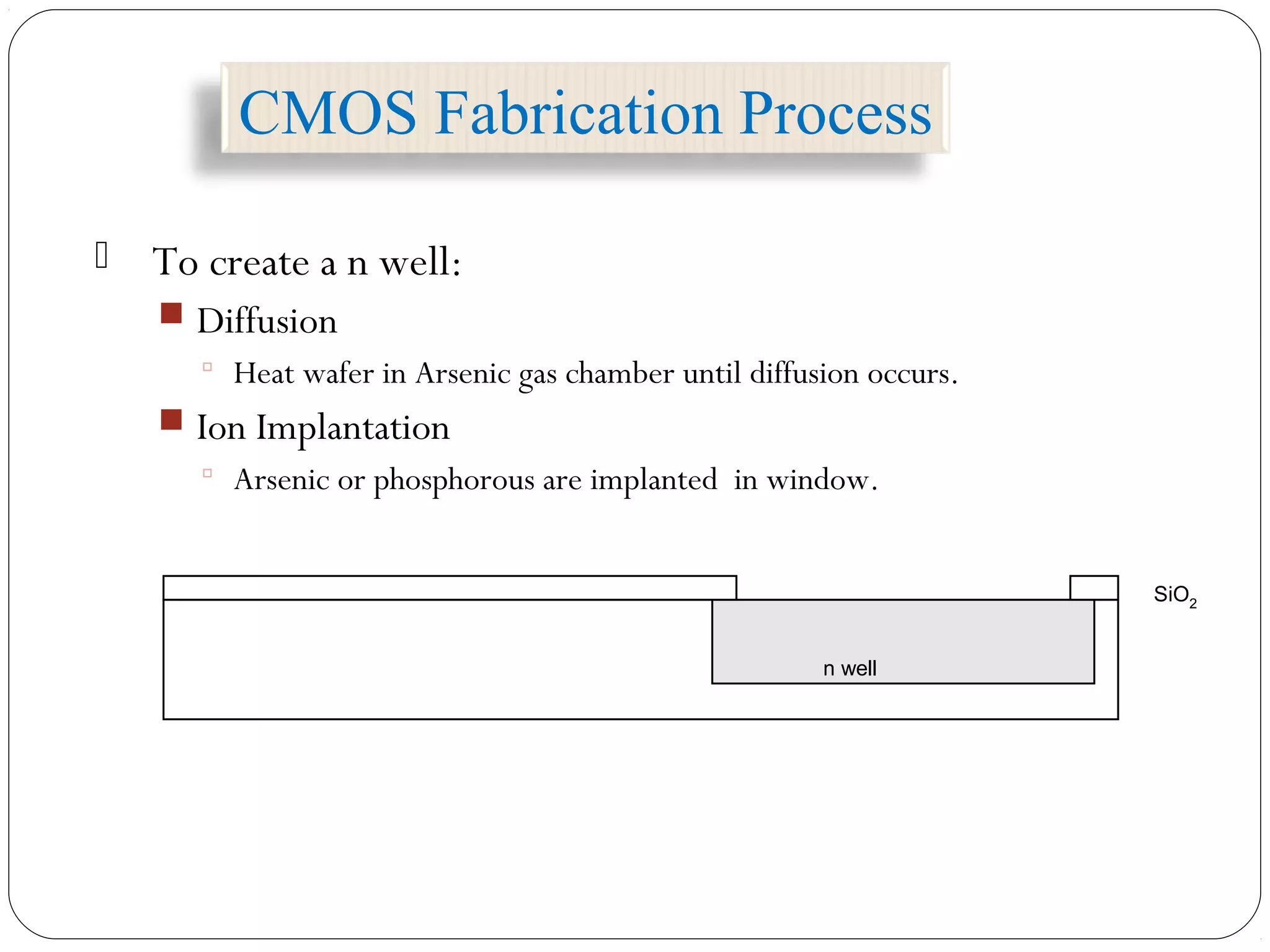  To create a n well:
 Diffusion
 Heat wafer in Arsenic gas chamber until diffusion occurs.
 Ion Implantation
 Arsenic or phosphorous are implanted in window.
n well
SiO2
CMOS Fabrication Process
 