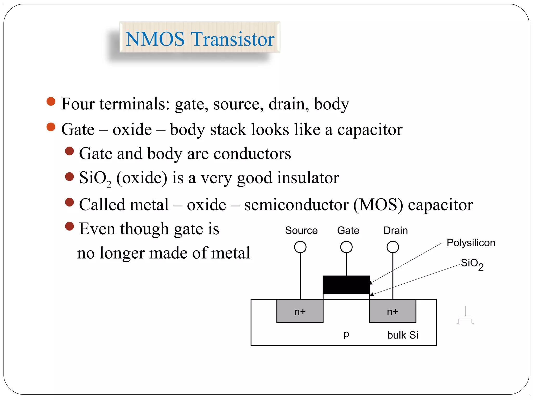 NMOS Transistor
Four terminals: gate, source, drain, body
Gate – oxide – body stack looks like a capacitor
Gate and body are conductors
SiO2 (oxide) is a very good insulator
Called metal – oxide – semiconductor (MOS) capacitor
Even though gate is
no longer made of metal
n+
p
GateSource Drain
bulk Si
SiO2
Polysilicon
n+
 