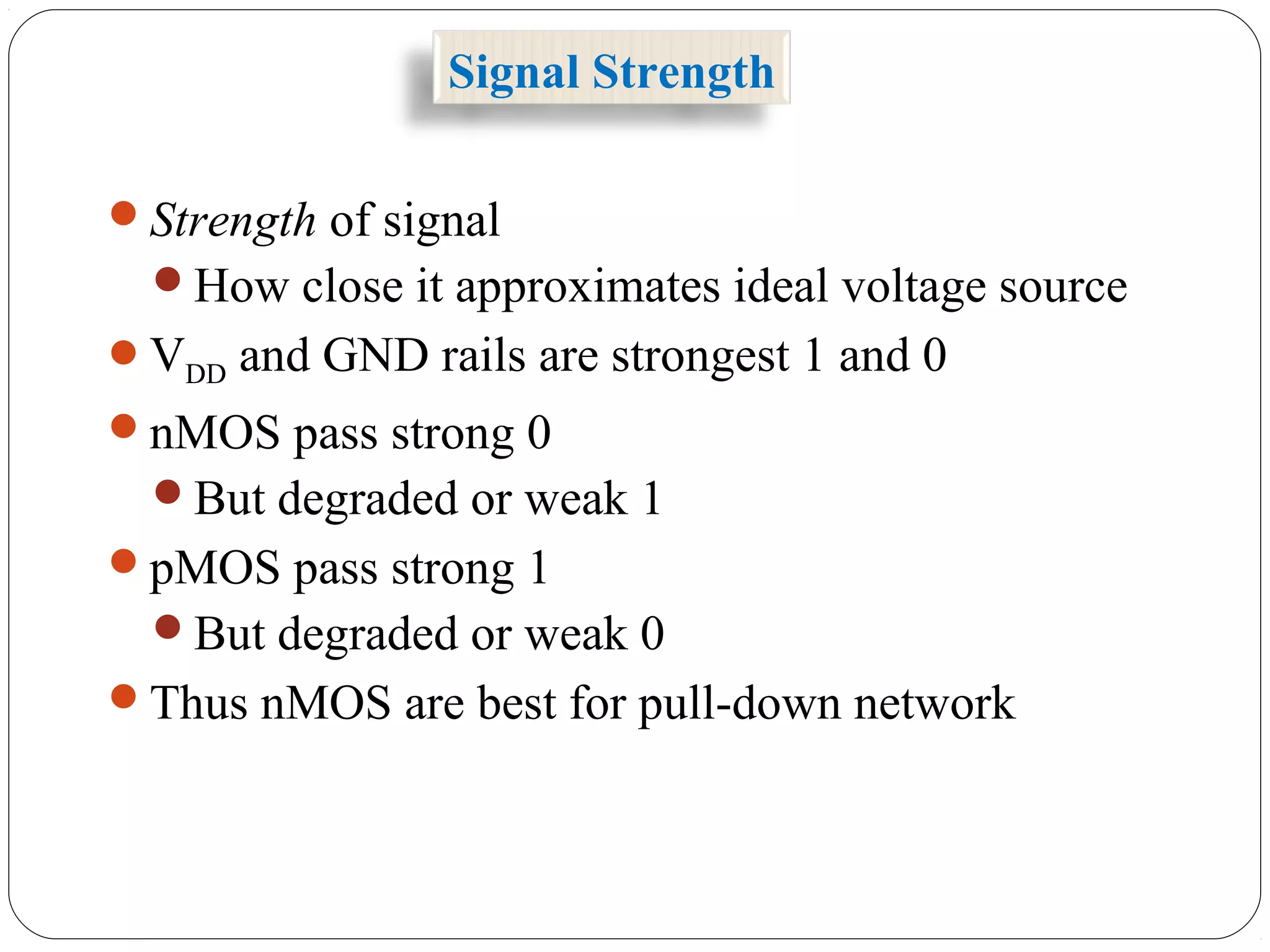 Signal Strength
Strength of signal
How close it approximates ideal voltage source
VDD and GND rails are strongest 1 and 0
nMOS pass strong 0
But degraded or weak 1
pMOS pass strong 1
But degraded or weak 0
Thus nMOS are best for pull-down network
 
