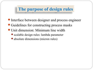 The purpose of design rules
Interface between designer and process engineer
Guidelines for constructing process masks
Unit dimension: Minimum line width
scalable design rules: lambda parameter
absolute dimensions (micron rules)
 