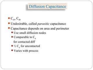 Diffusion Capacitance
Csb, Cdb
Undesirable, called parasitic capacitance
Capacitance depends on area and perimeter
Use small diffusion nodes
Comparable to Cg
for contacted diff
½ Cg for uncontacted
Varies with process
 