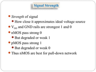 Signal Strength
Strength of signal
How close it approximates ideal voltage source
VDD and GND rails are strongest 1 and 0
nMOS pass strong 0
But degraded or weak 1
pMOS pass strong 1
But degraded or weak 0
Thus nMOS are best for pull-down network
 