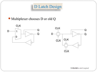 D Latch Design
Circuits and LayoutSlide 90
Multiplexer chooses D or old Q
1
0
D
CLK
Q
CLK
CLKCLK
CLK
DQ Q
Q
 