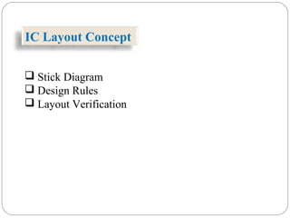 IC Layout Concept
 Stick Diagram
 Design Rules
 Layout Verification
 