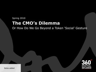 Spring 2010

         The CMO’s Dilemma
         Or How Do We Go Beyond a Token ‘Social’ Gesture




Notes  added
 