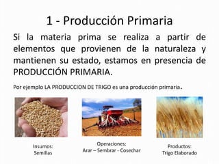 1 - Producción Primaria
Si la materia prima se realiza a partir de
elementos que provienen de la naturaleza y
mantienen su estado, estamos en presencia de
PRODUCCIÓN PRIMARIA.
Por ejemplo LA PRODUCCION DE TRIGO es una producción primaria.




      Insumos:               Operaciones:            Productos:
       Semillas       Arar – Sembrar - Cosechar   Trigo Elaborado
 