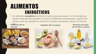 ALIMENTOS
ENERGÉTICOS
• Los alimentos energéticos contienen muchos azucares o grasas. Con la energía que
aportan estos alimentos pueden funcionar los diferentes componentes y órganos del
cuerpo, como por ejemplo los músculos, el cerebro este piensa y siente y el corazón
late.
Alimentos alto en
azucares
Vegetales altos en grasas Alimentos de origen
animal altos en grasas
 